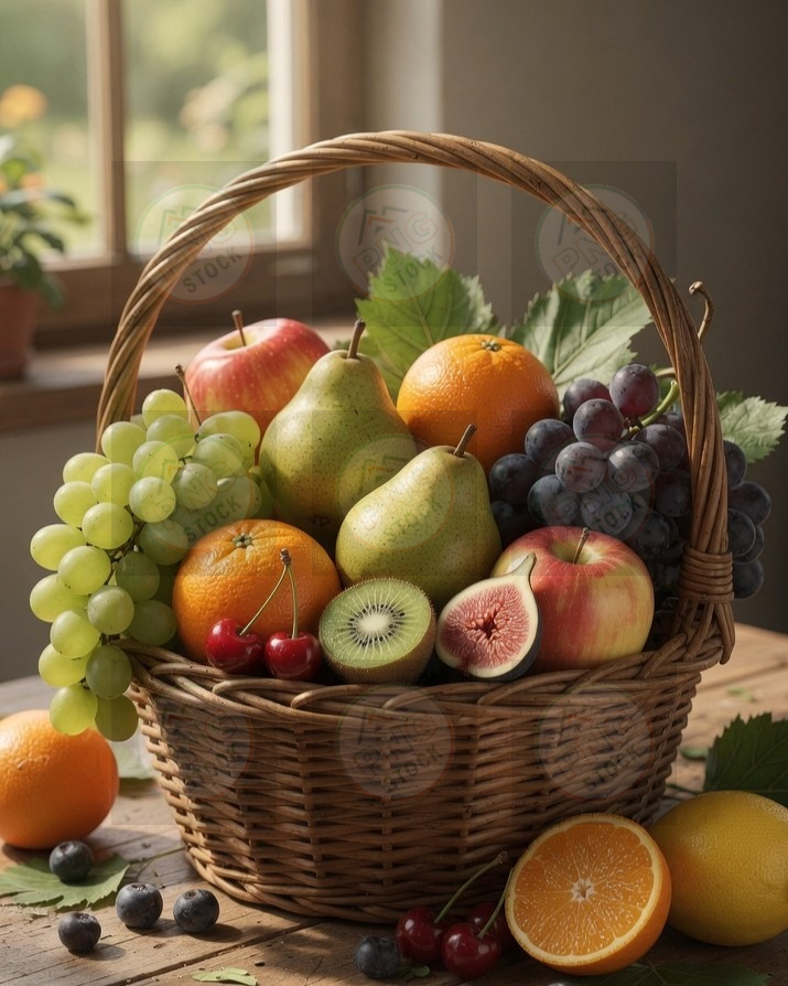 Fresh fruit basket with apples grapes orange pear kiwi on wooden table - download (1) cropped