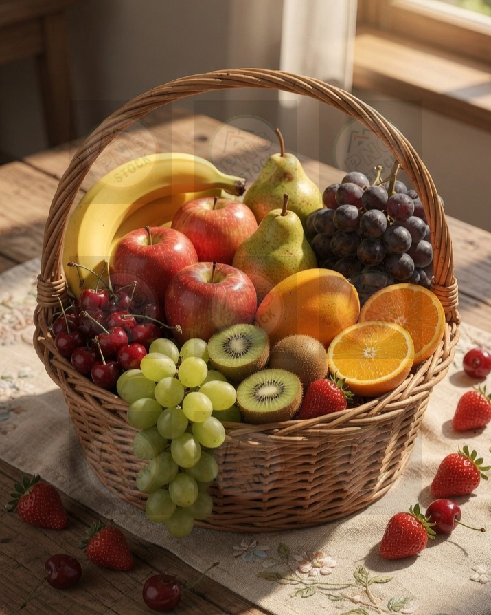 Fresh fruit basket with apples grapes orange pear kiwi on wooden table - download (2) cropped