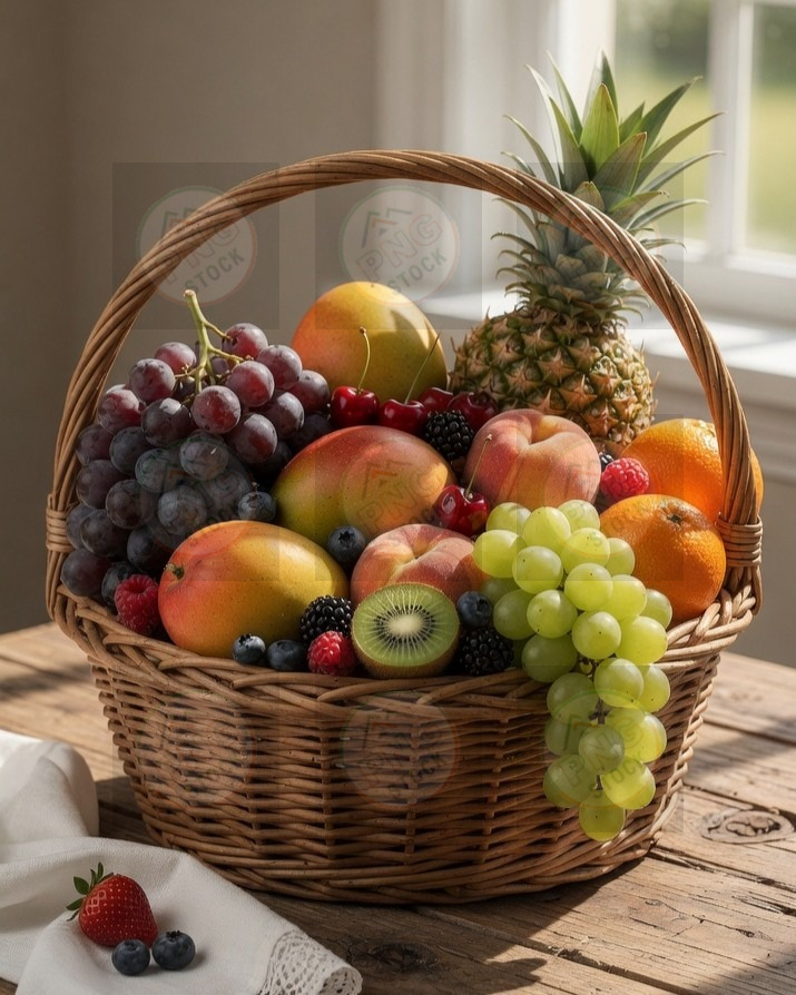 Fresh fruit basket with apples grapes orange pear kiwi on wooden table - download (3) cropped