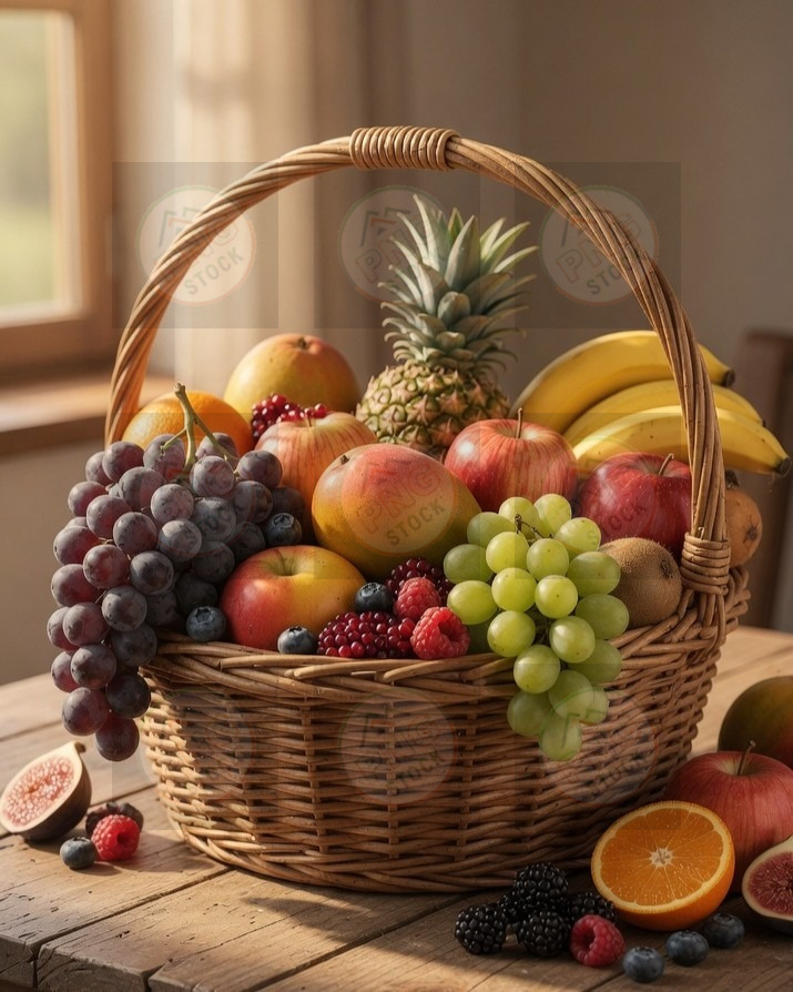 Fresh fruit basket with apples grapes orange pear kiwi on wooden table - download cropped