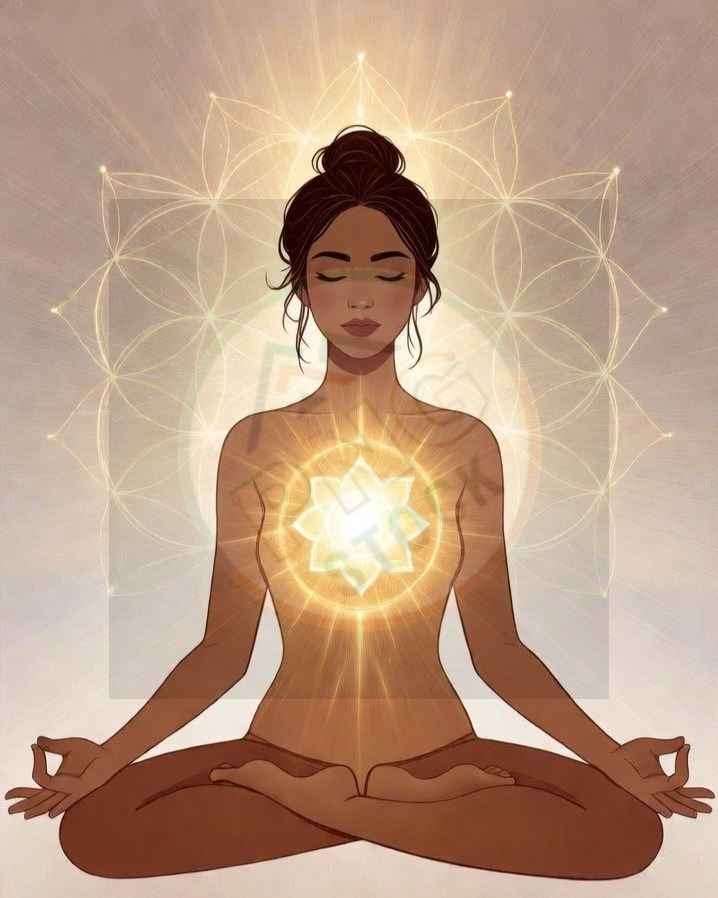 Minimal Spiritual Woman Meditation Lotus Pose with Golden Aura Light Glow - download (1) cropped