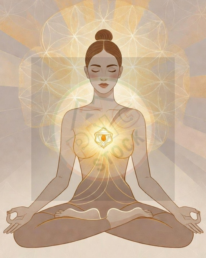 Minimal Spiritual Woman Meditation Lotus Pose with Golden Aura Light Glow - download (4) cropped