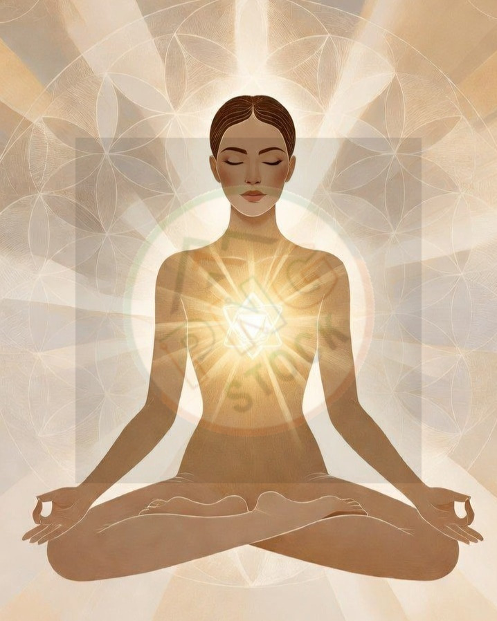 Minimal Spiritual Woman Meditation Lotus Pose with Golden Aura Light Glow - download (7) cropped