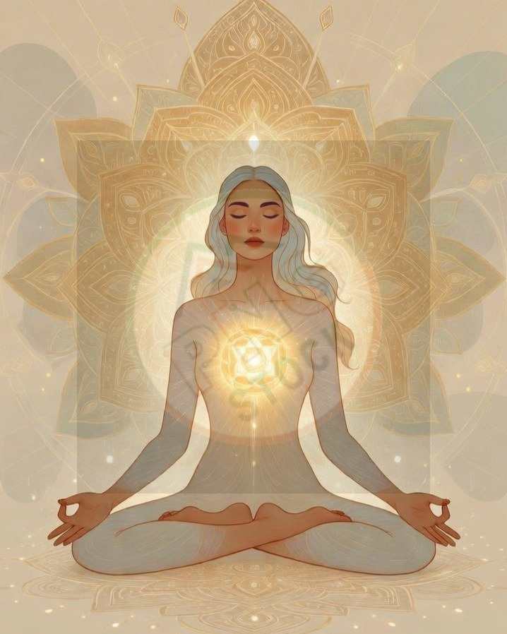 Minimal Spiritual Woman Meditation Lotus Pose with Golden Aura Light Glow - download (11) cropped