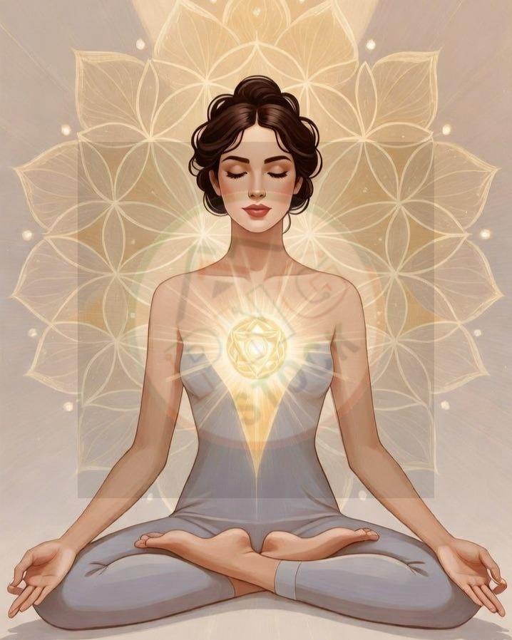 Minimal Spiritual Woman Meditation Lotus Pose with Golden Aura Light Glow - download cropped