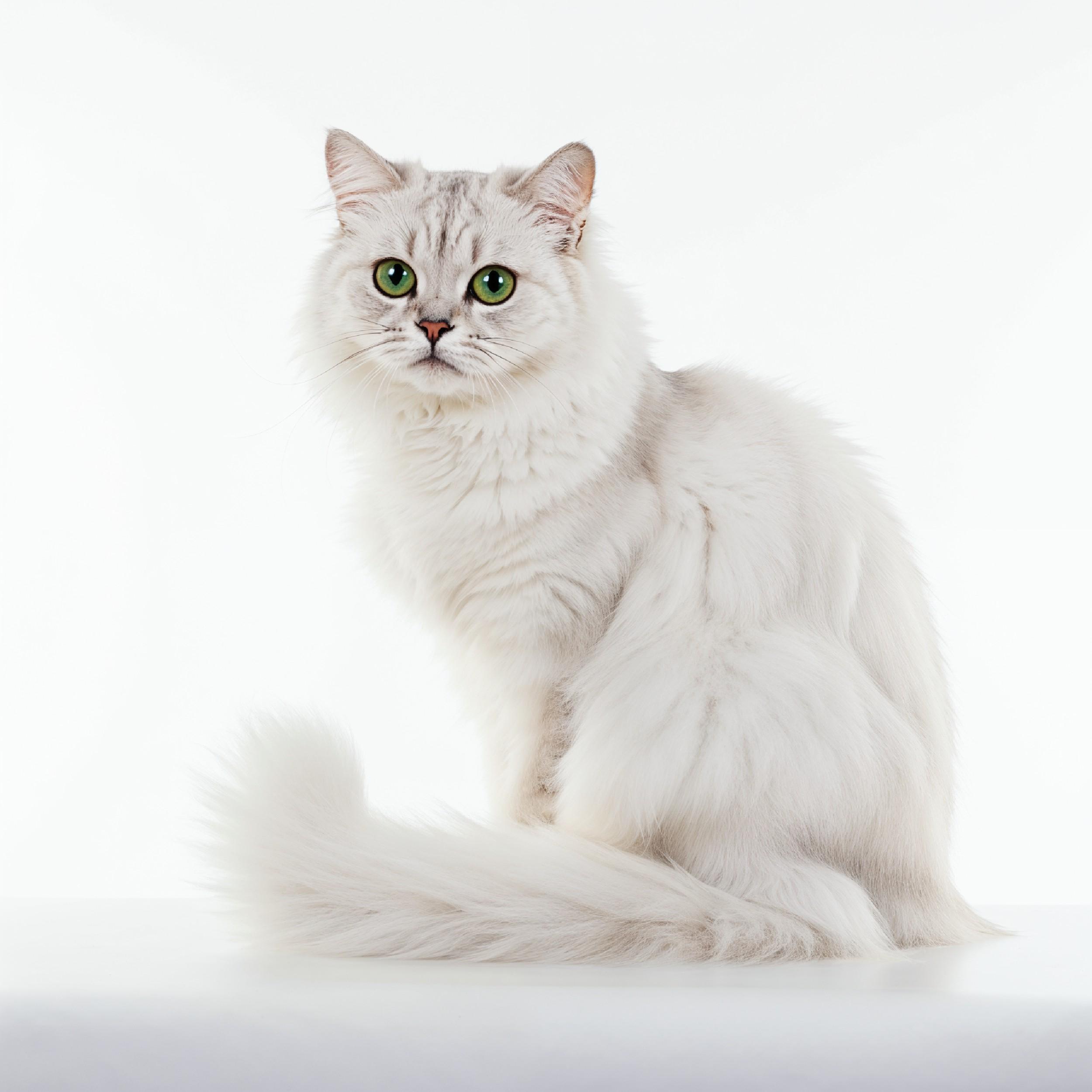 Fluffy White Persian Cat Sitting Gracefully Isolated Pet Portrait