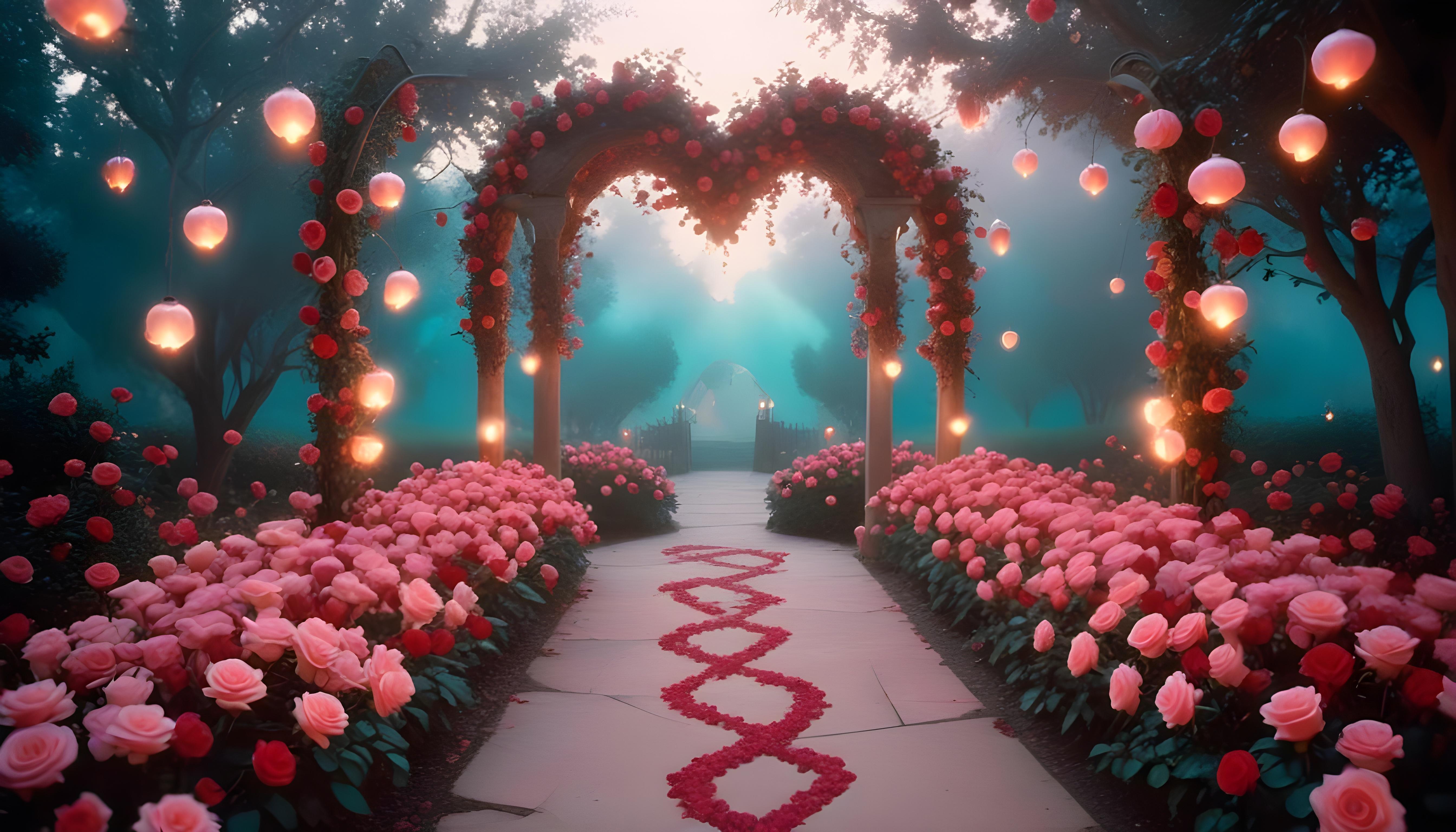 Enchanting Rose Garden Landscape with Blooming Flowers and Magical Moonlit Atmosphere