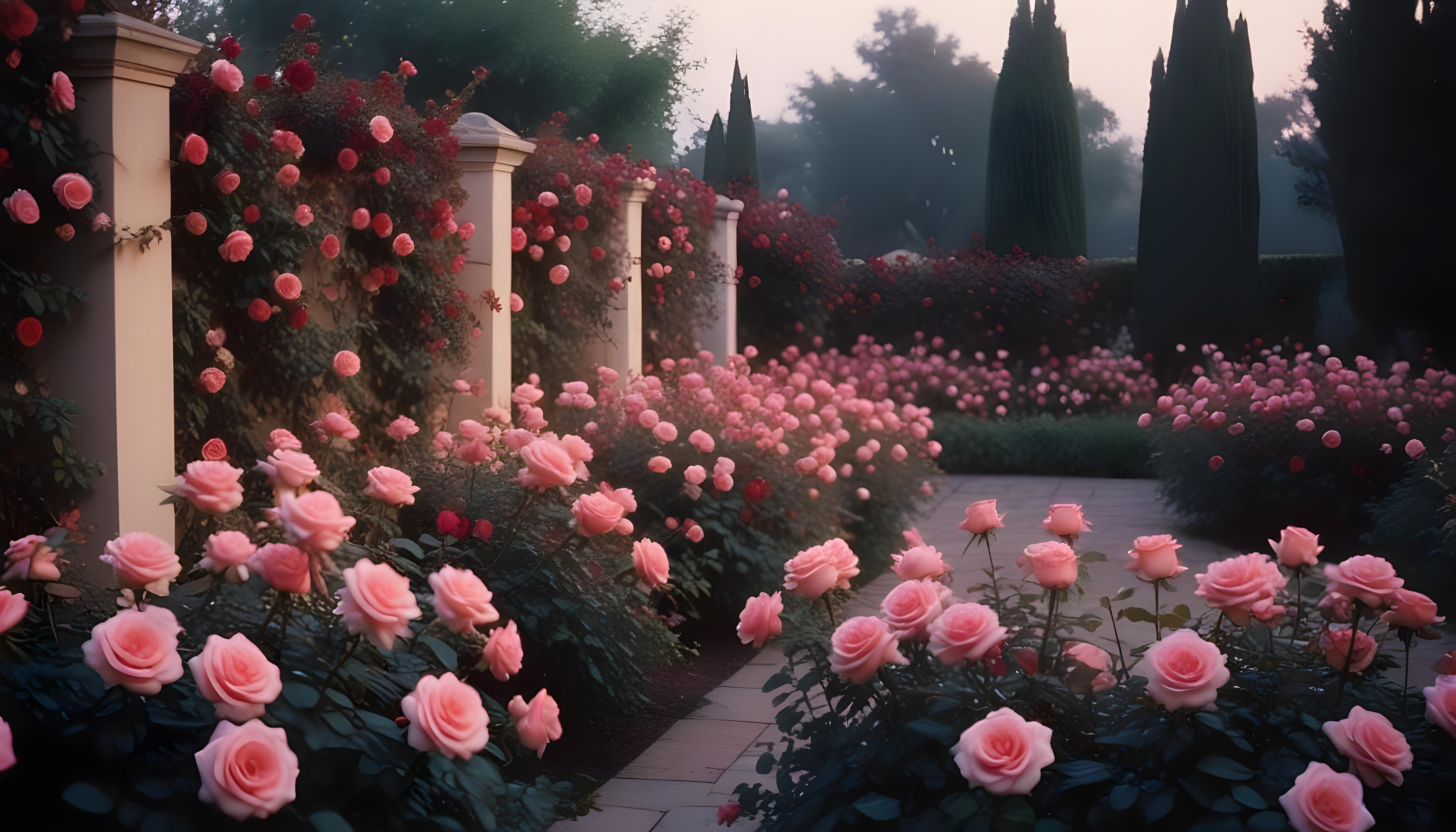 Enchanting Rose Garden Landscape with Blooming Flowers and Magical Moonlit Atmosphere