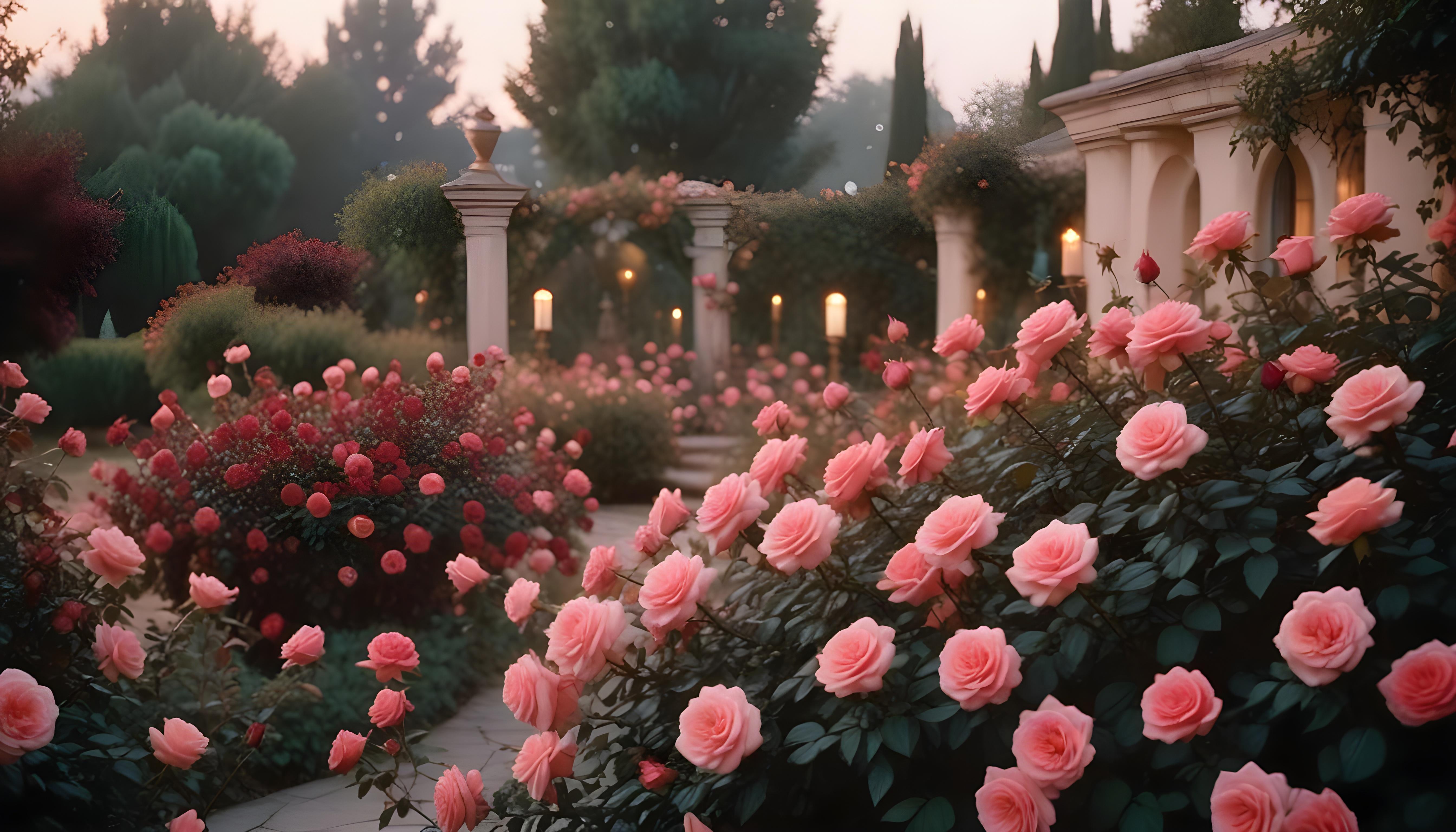 Enchanting Rose Garden Landscape with Blooming Flowers and Magical Moonlit Atmosphere