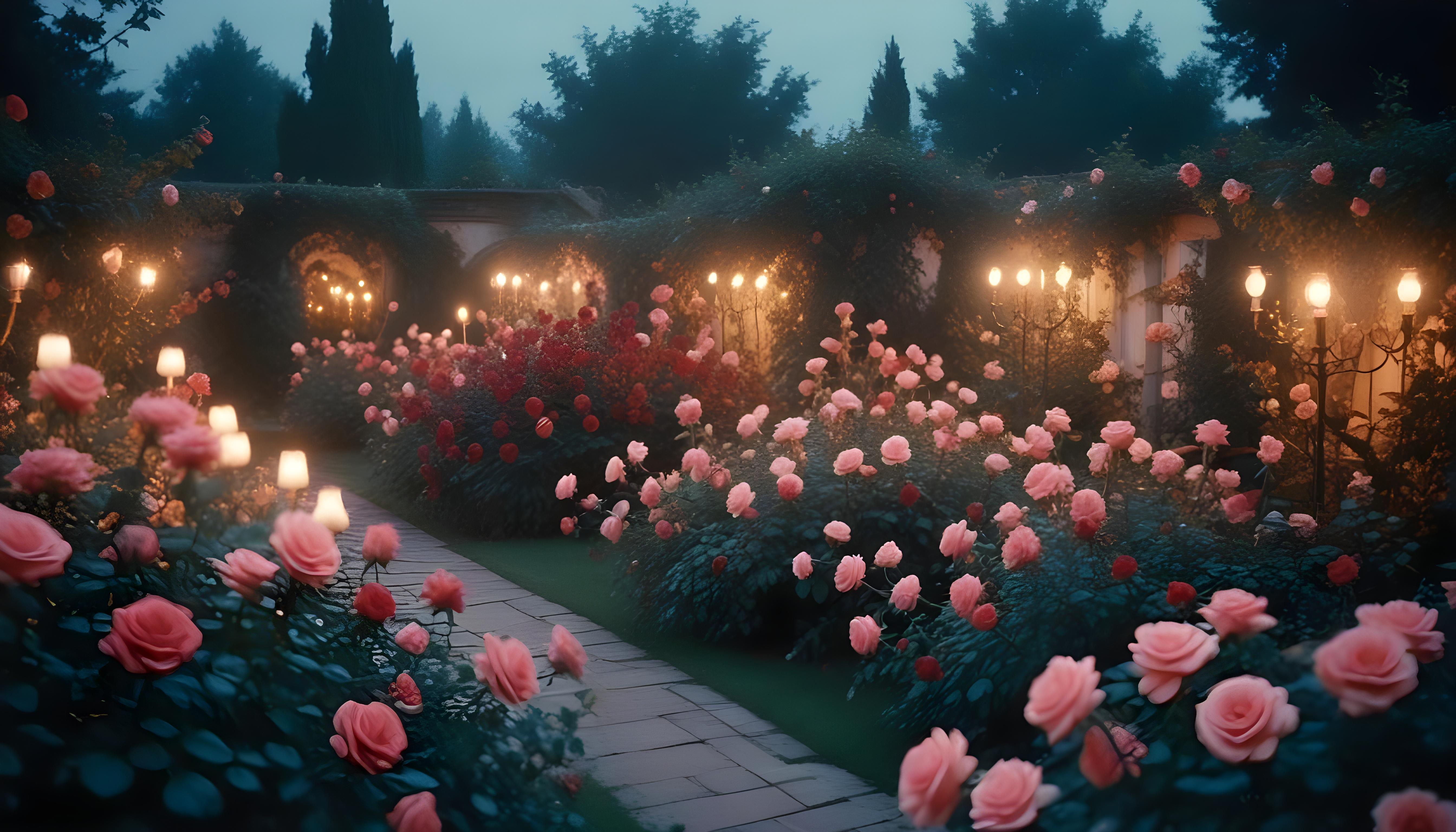 Enchanting Rose Garden Landscape with Blooming Flowers and Magical Moonlit Atmosphere