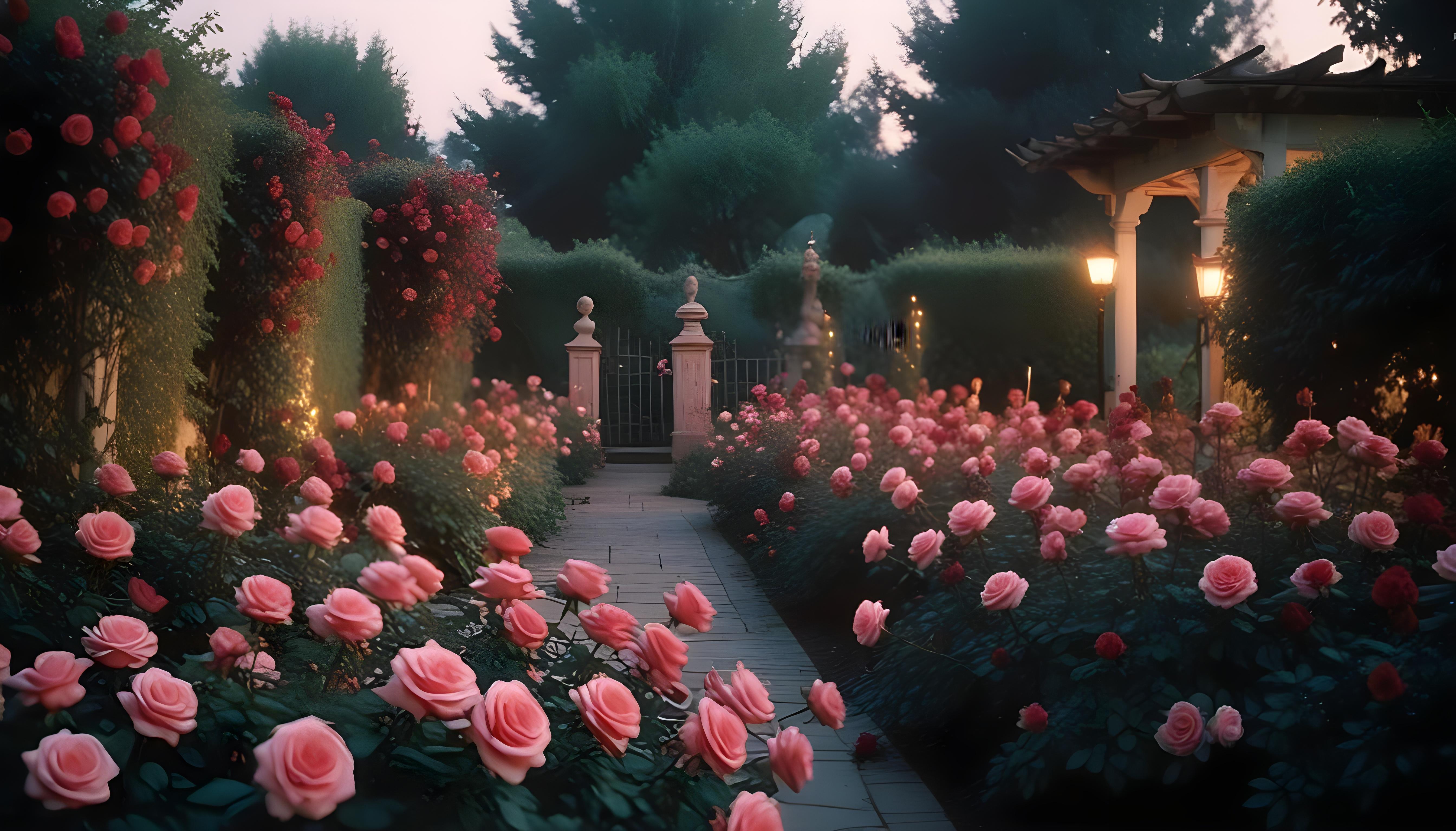 Enchanting Rose Garden Landscape with Blooming Flowers and Magical Moonlit Atmosphere