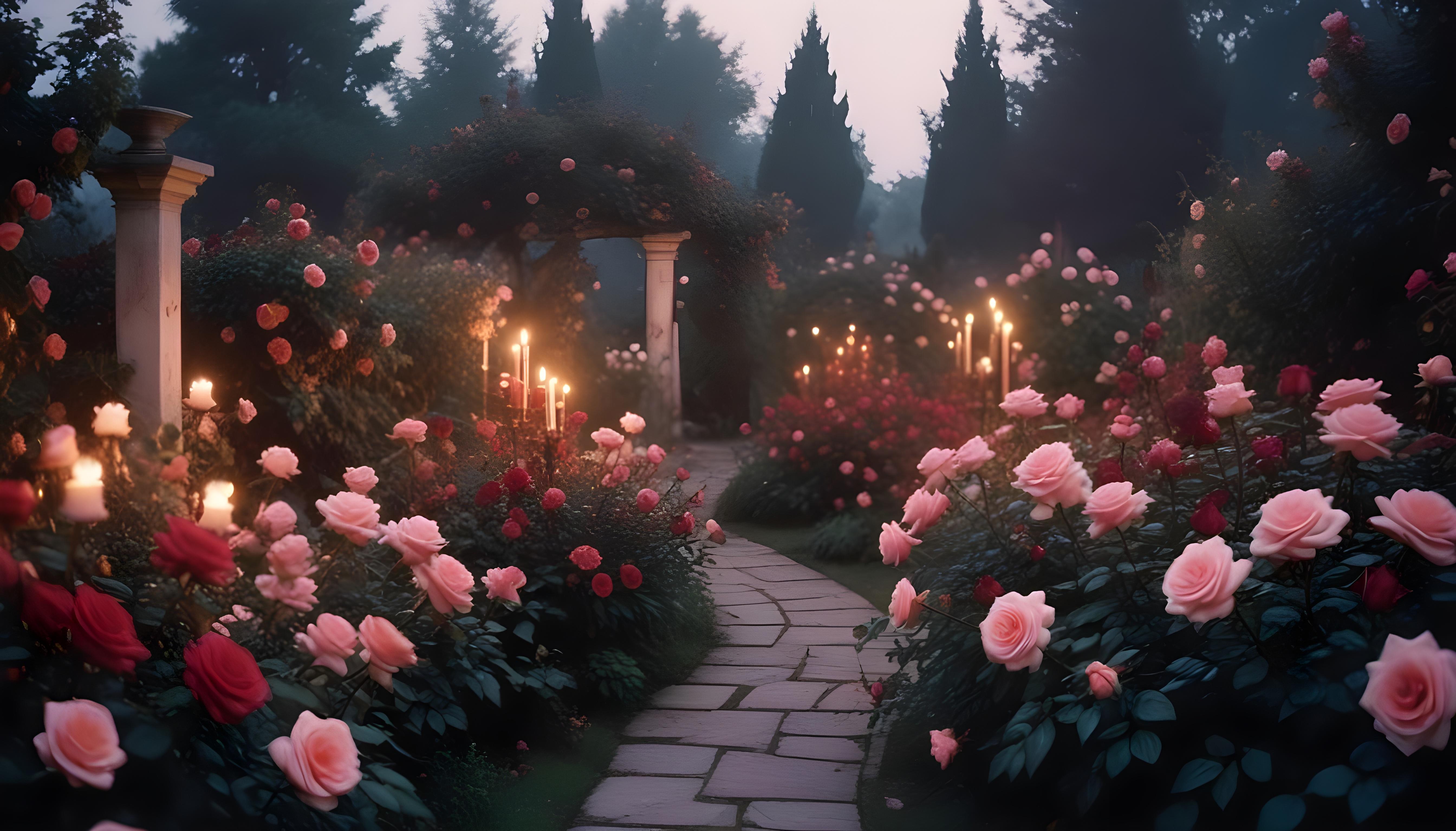 Enchanting Rose Garden Landscape with Blooming Flowers and Magical Moonlit Atmosphere