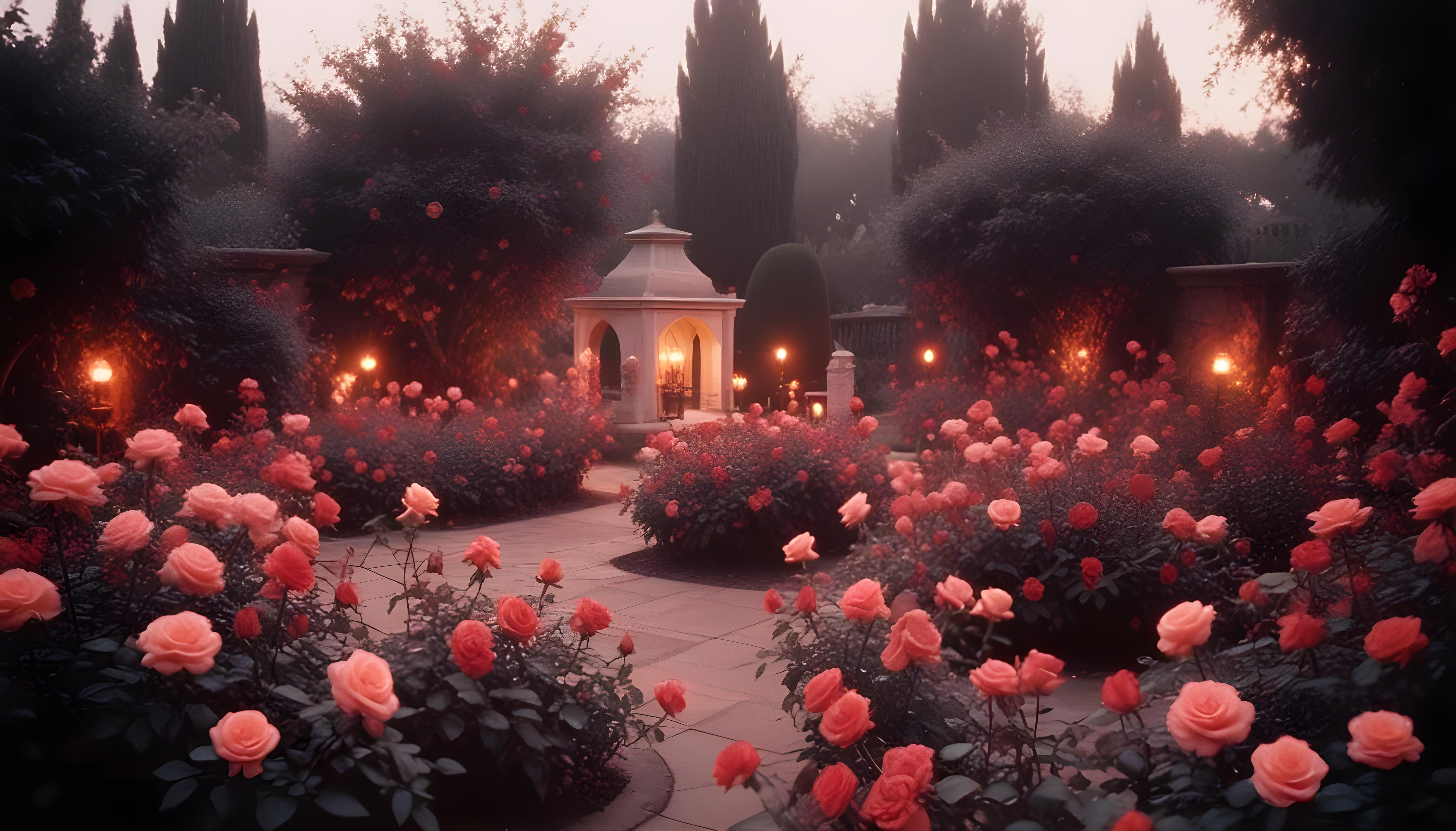 Enchanting Rose Garden Landscape with Blooming Flowers and Magical Moonlit Atmosphere