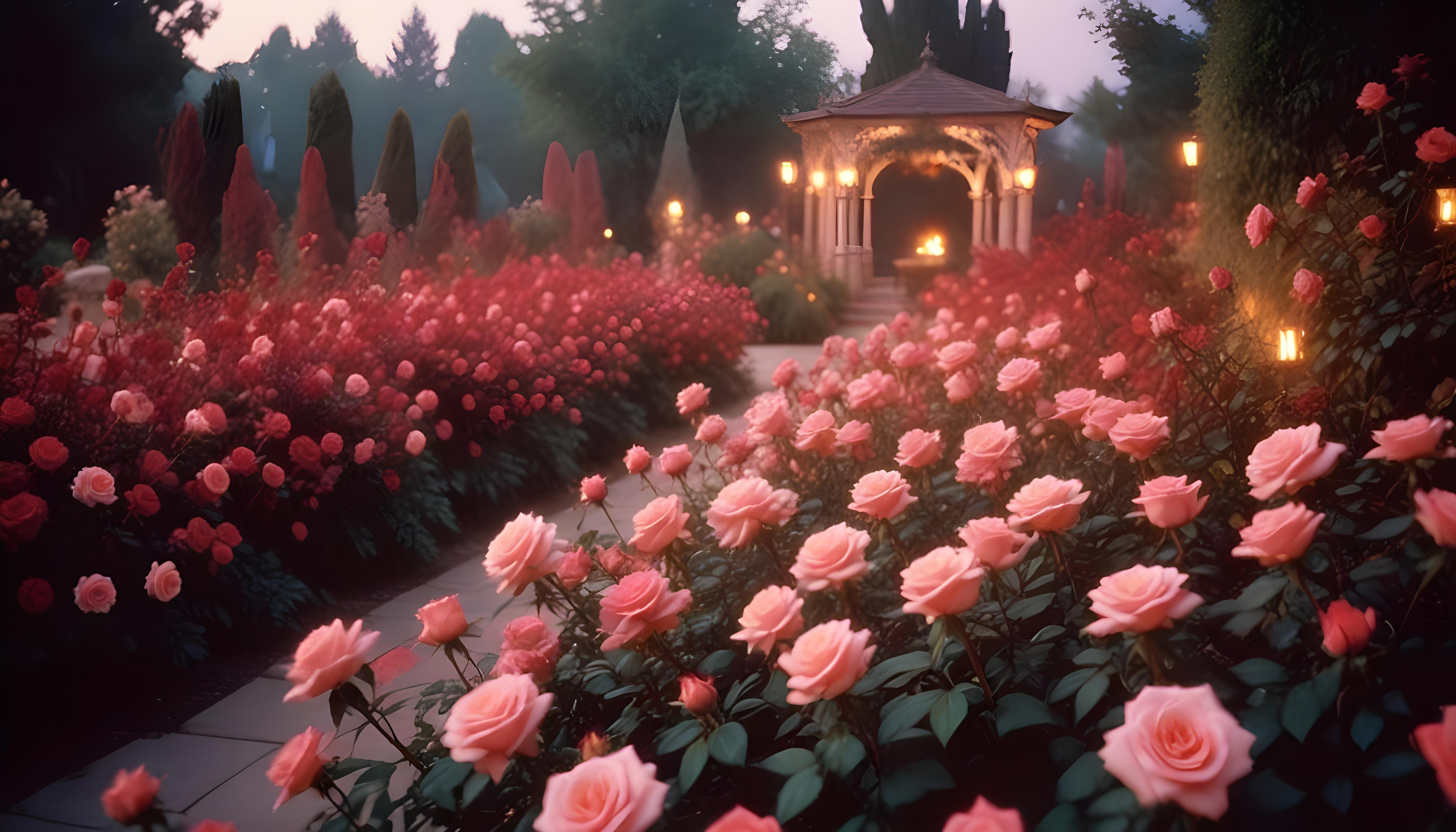 Enchanting Rose Garden Landscape with Blooming Flowers and Magical Moonlit Atmosphere