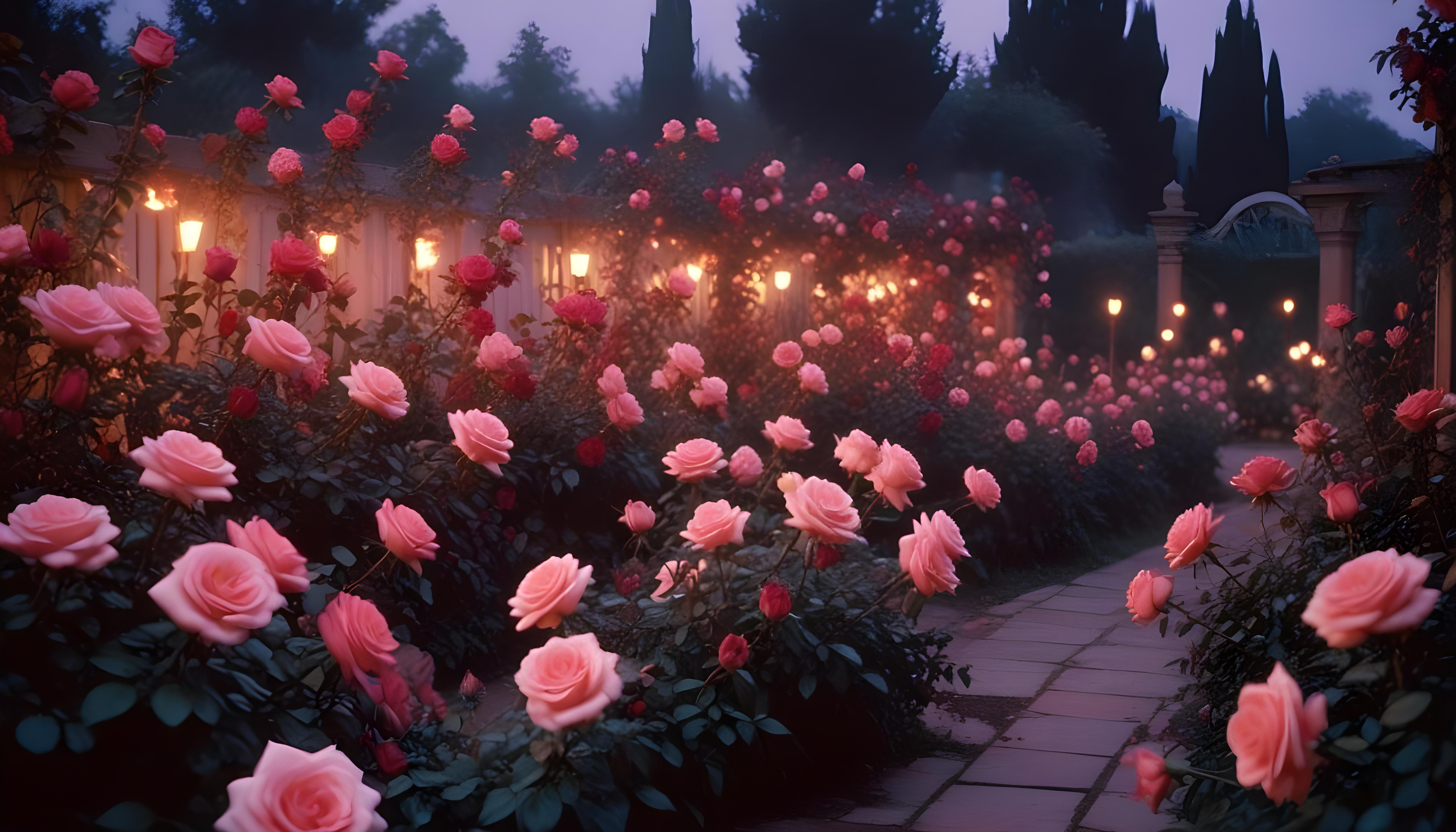 Enchanting Rose Garden Landscape with Blooming Flowers and Magical Moonlit Atmosphere