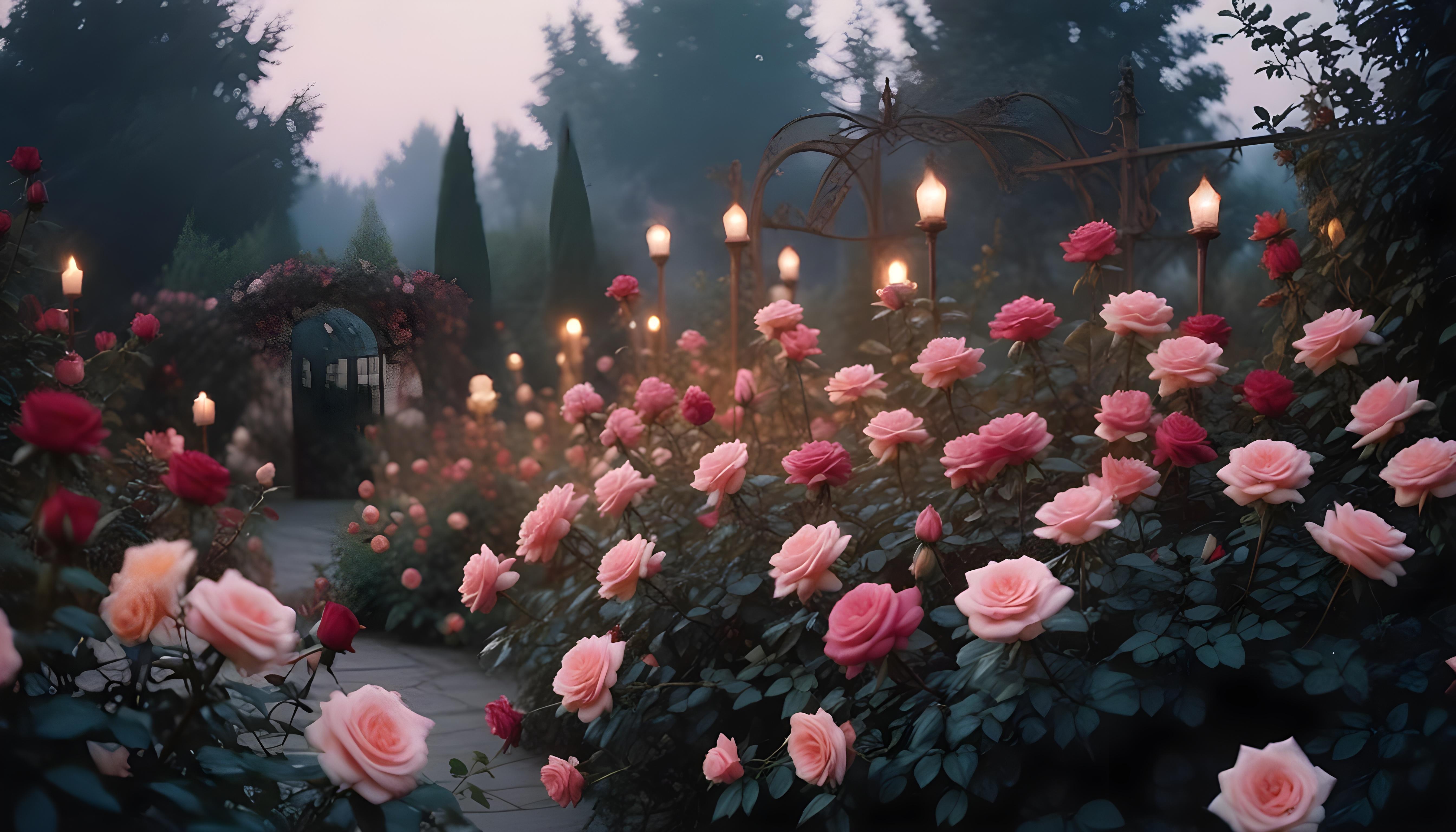 Enchanting Rose Garden Landscape with Blooming Flowers and Magical Moonlit Atmosphere
