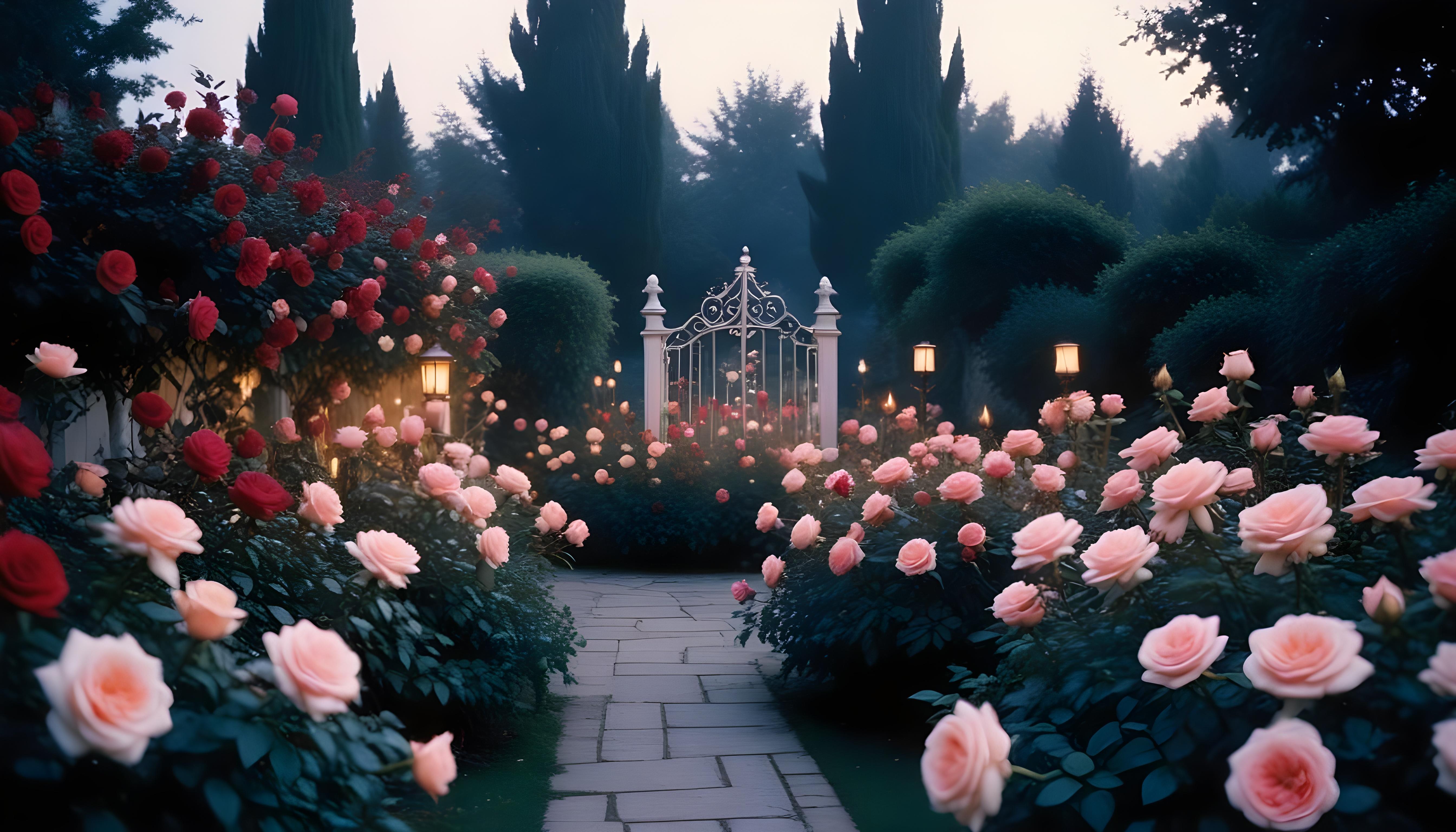 Enchanting Rose Garden Landscape with Blooming Flowers and Magical Moonlit Atmosphere