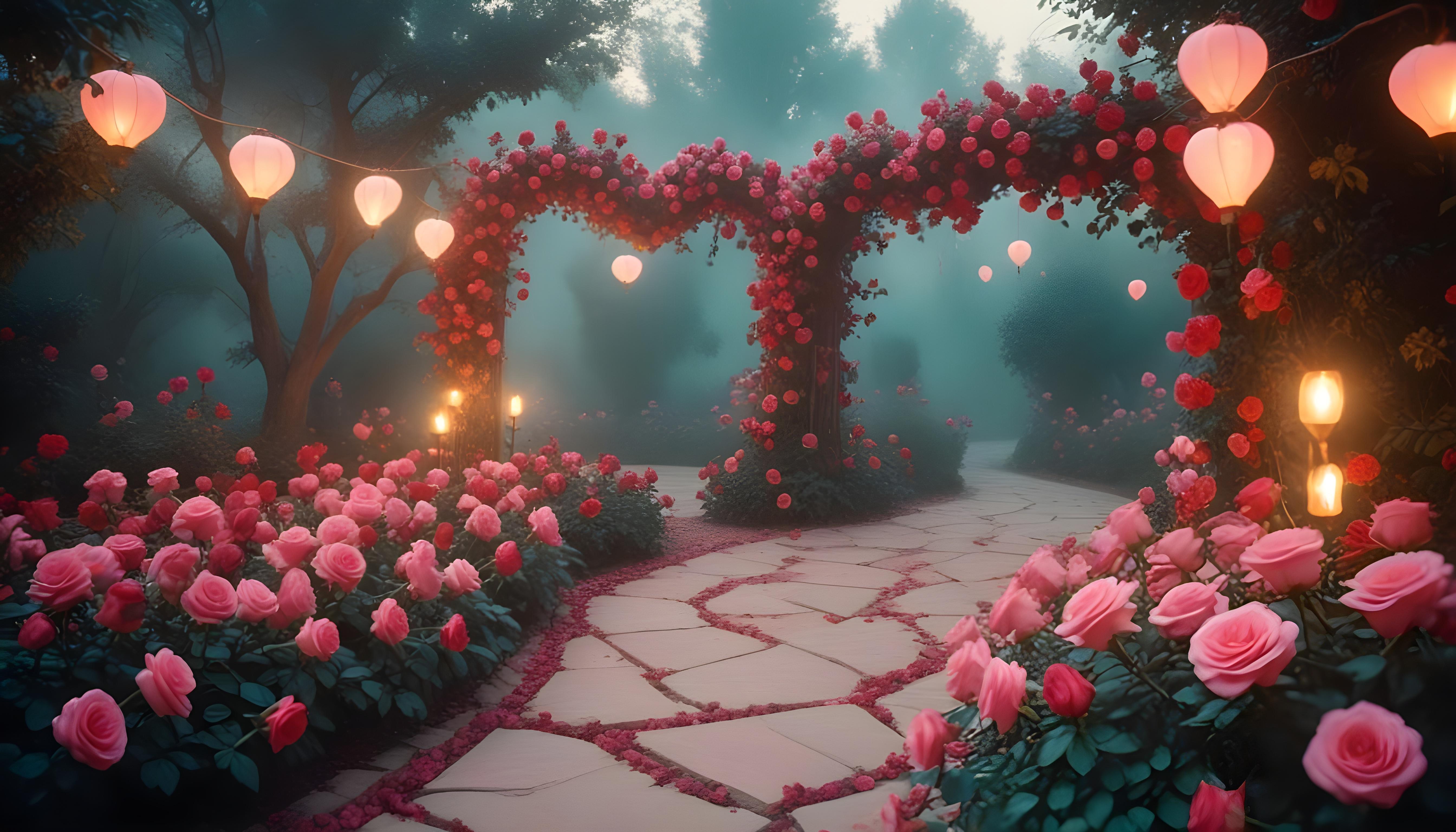 Enchanting Rose Garden Landscape with Blooming Flowers and Magical Moonlit Atmosphere