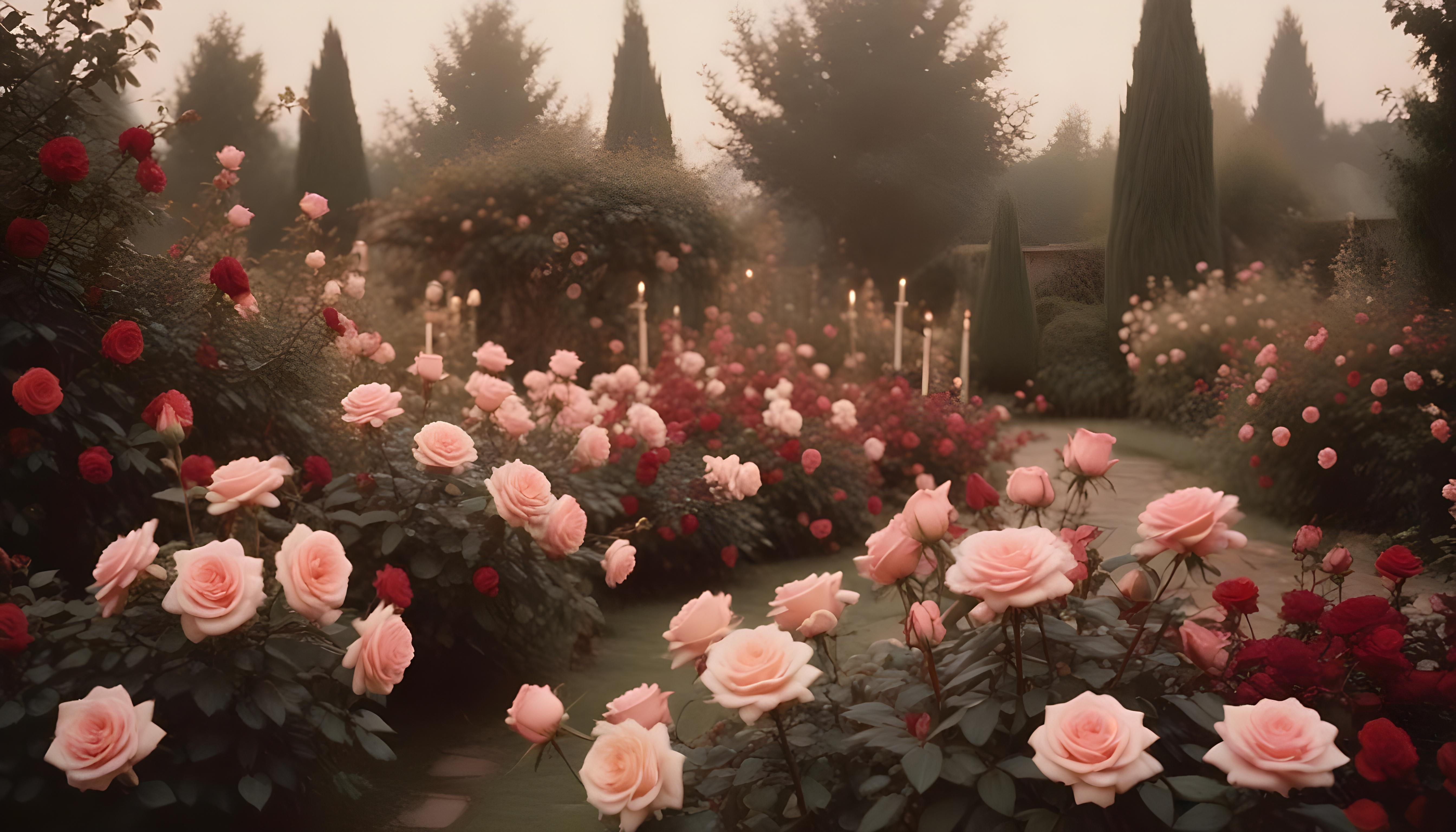 Enchanting Rose Garden Landscape with Blooming Flowers and Magical Moonlit Atmosphere