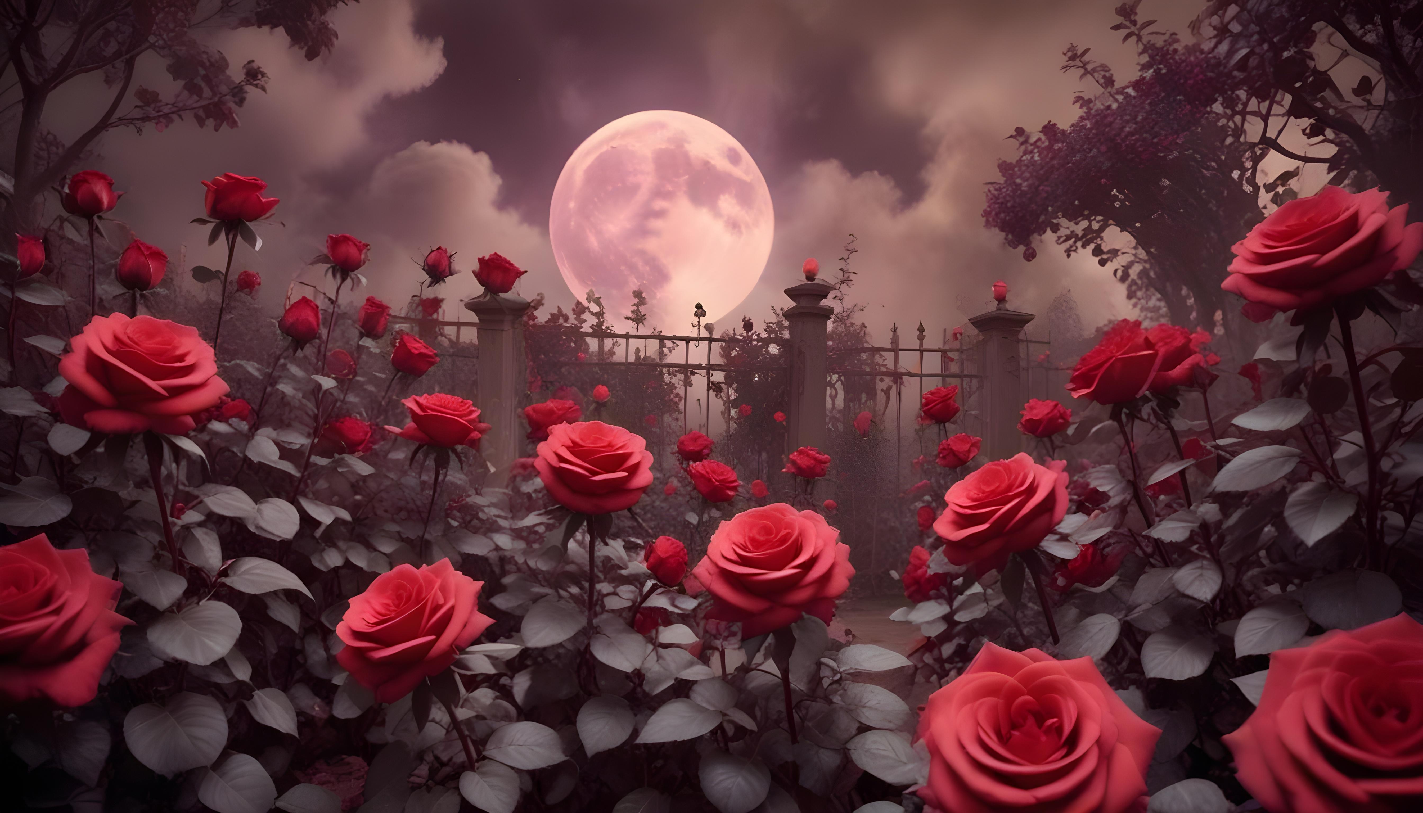 Enchanting Rose Garden Landscape with Blooming Flowers and Magical Moonlit Atmosphere