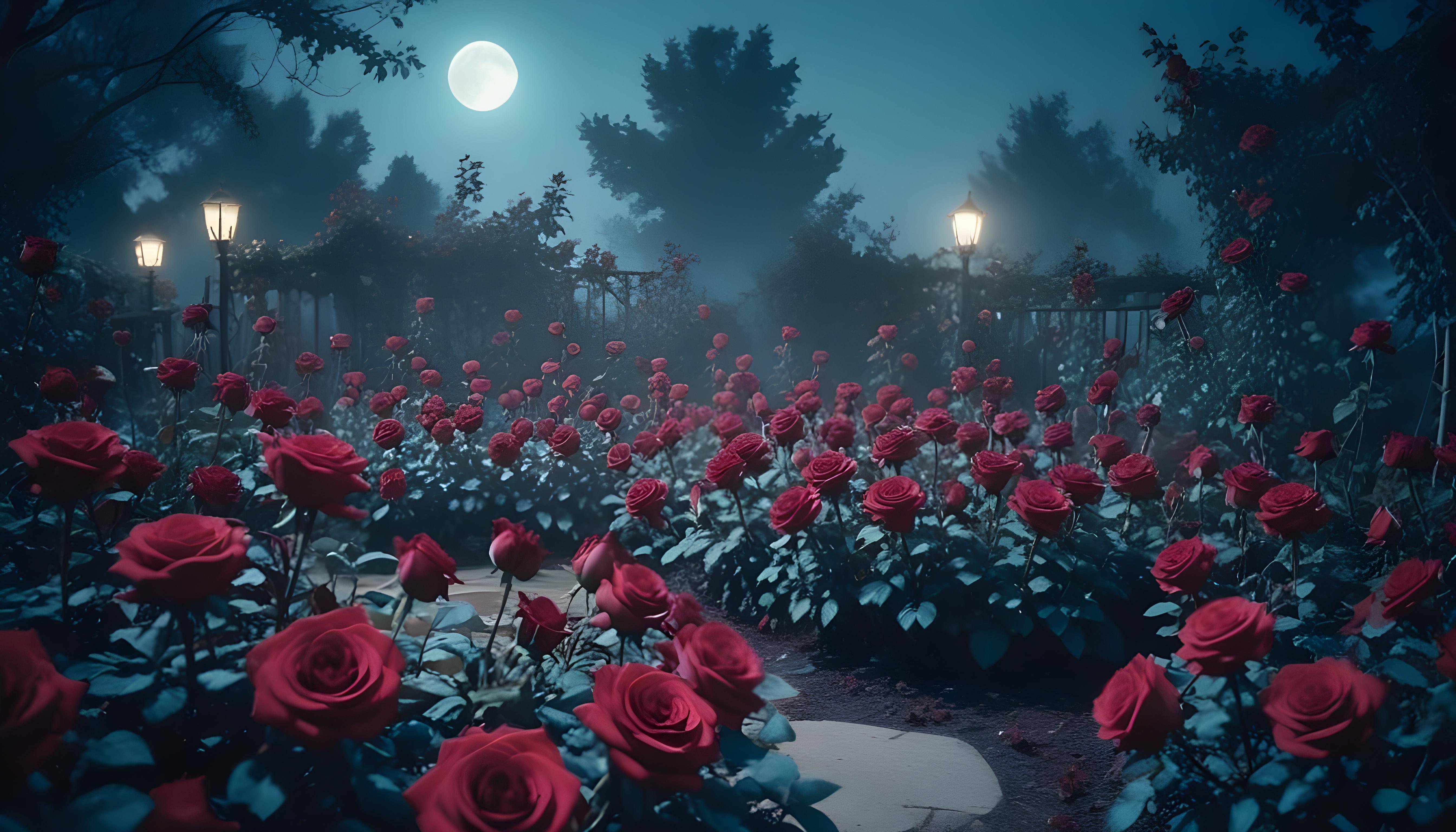 Enchanting Rose Garden Landscape with Blooming Flowers and Magical Moonlit Atmosphere