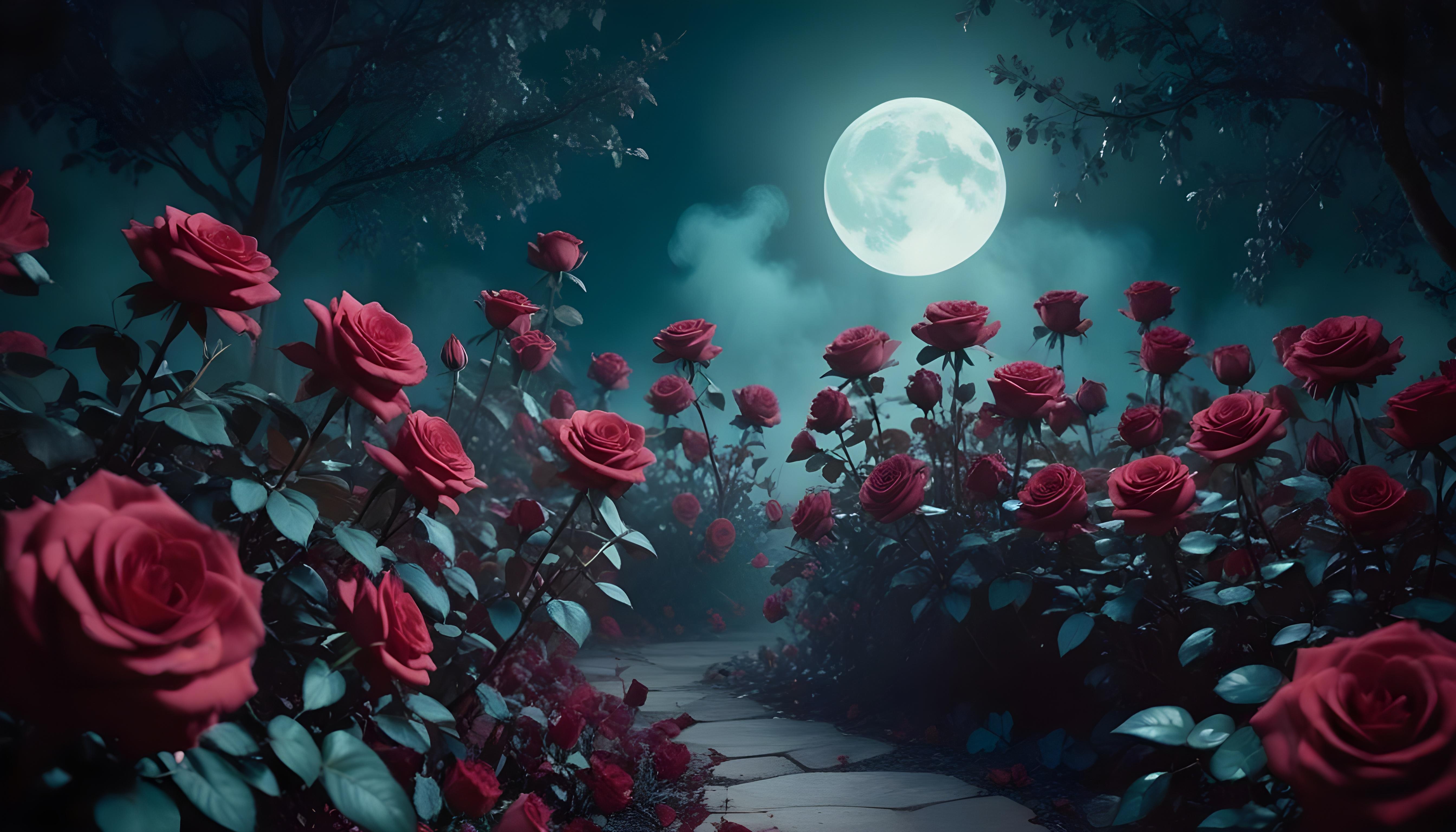 Enchanting Rose Garden Landscape with Blooming Flowers and Magical Moonlit Atmosphere