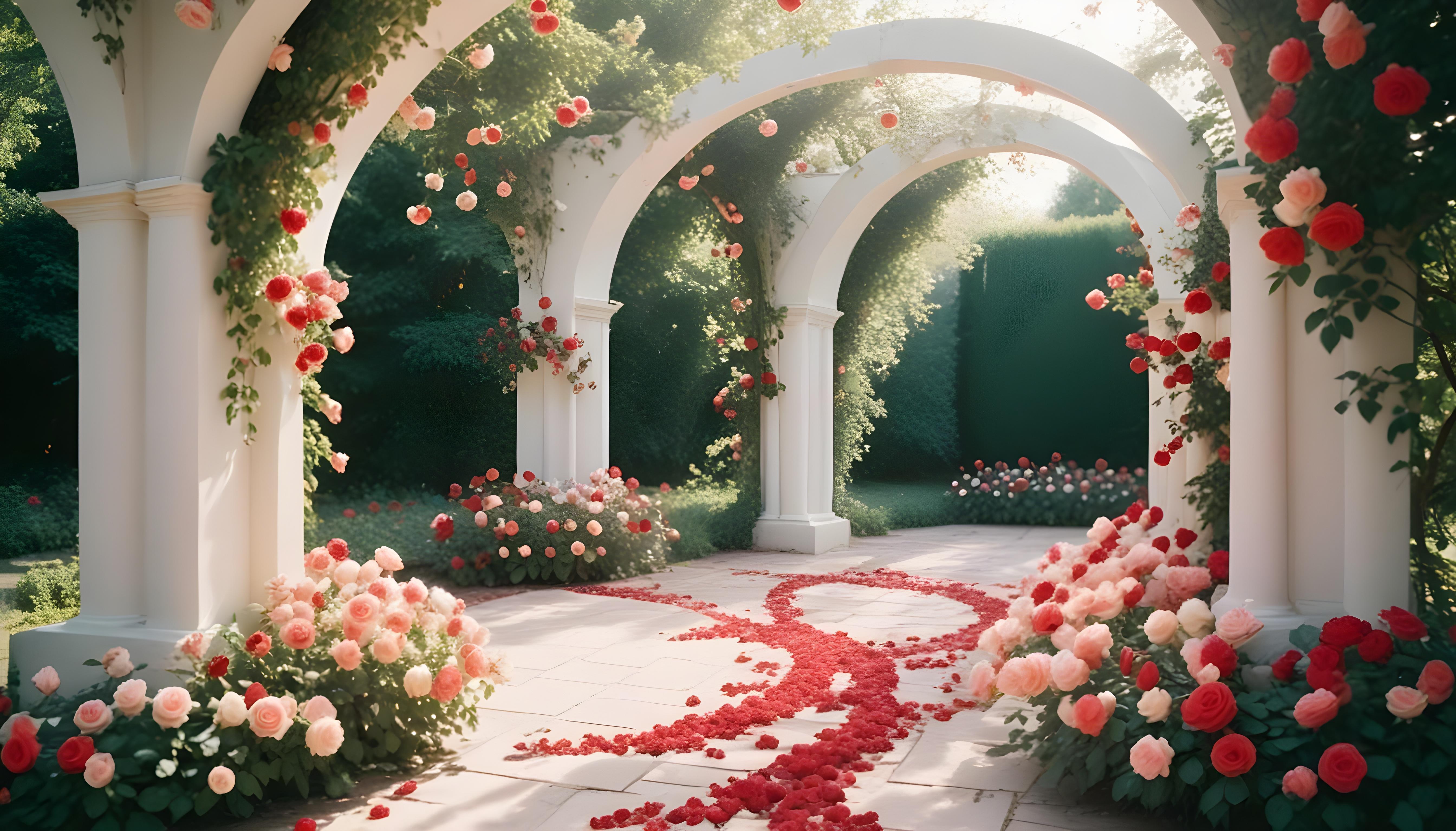 Enchanting Rose Garden Landscape with Blooming Flowers and Magical Moonlit Atmosphere