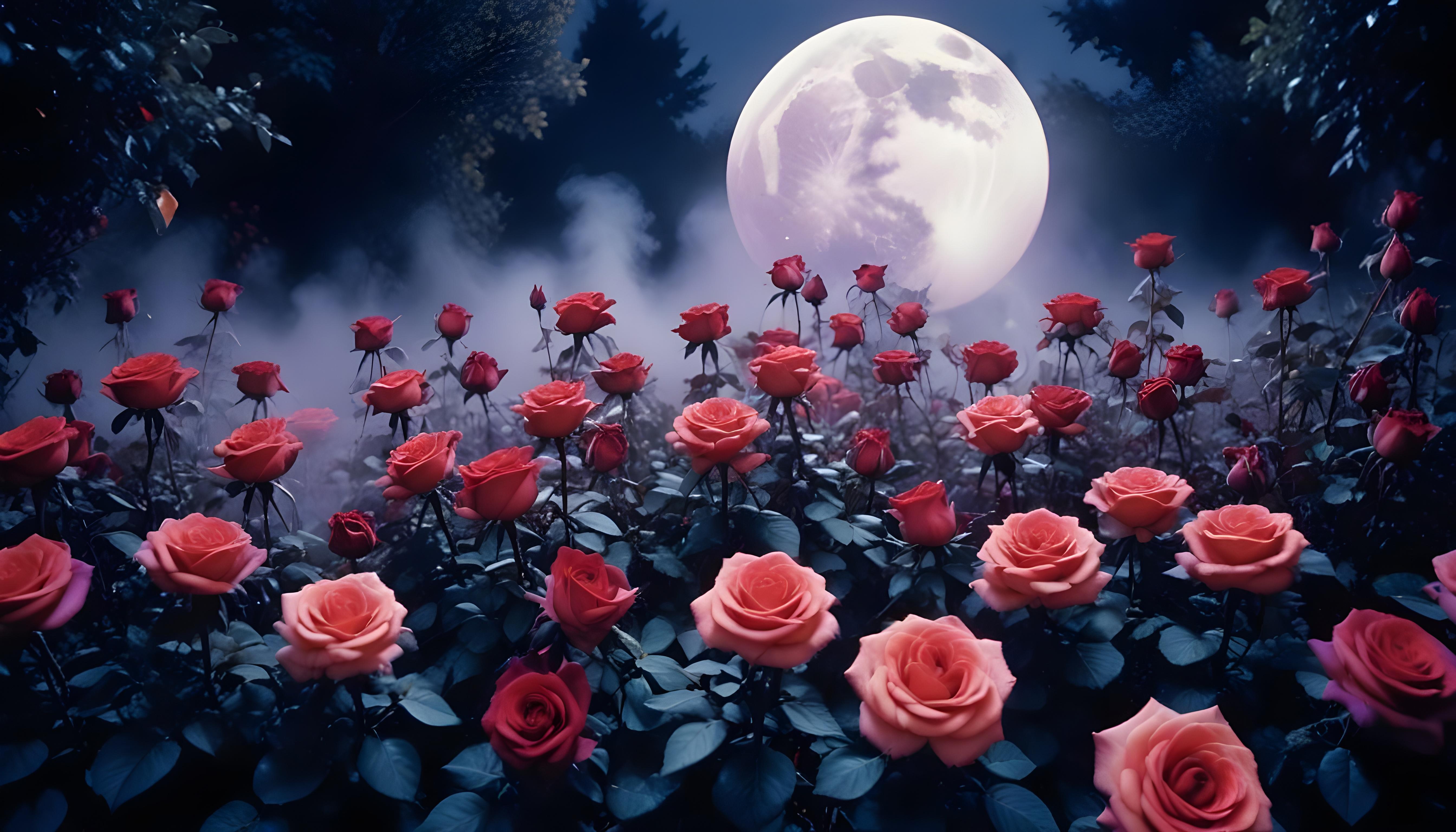 Enchanting Rose Garden Landscape with Blooming Flowers and Magical Moonlit Atmosphere
