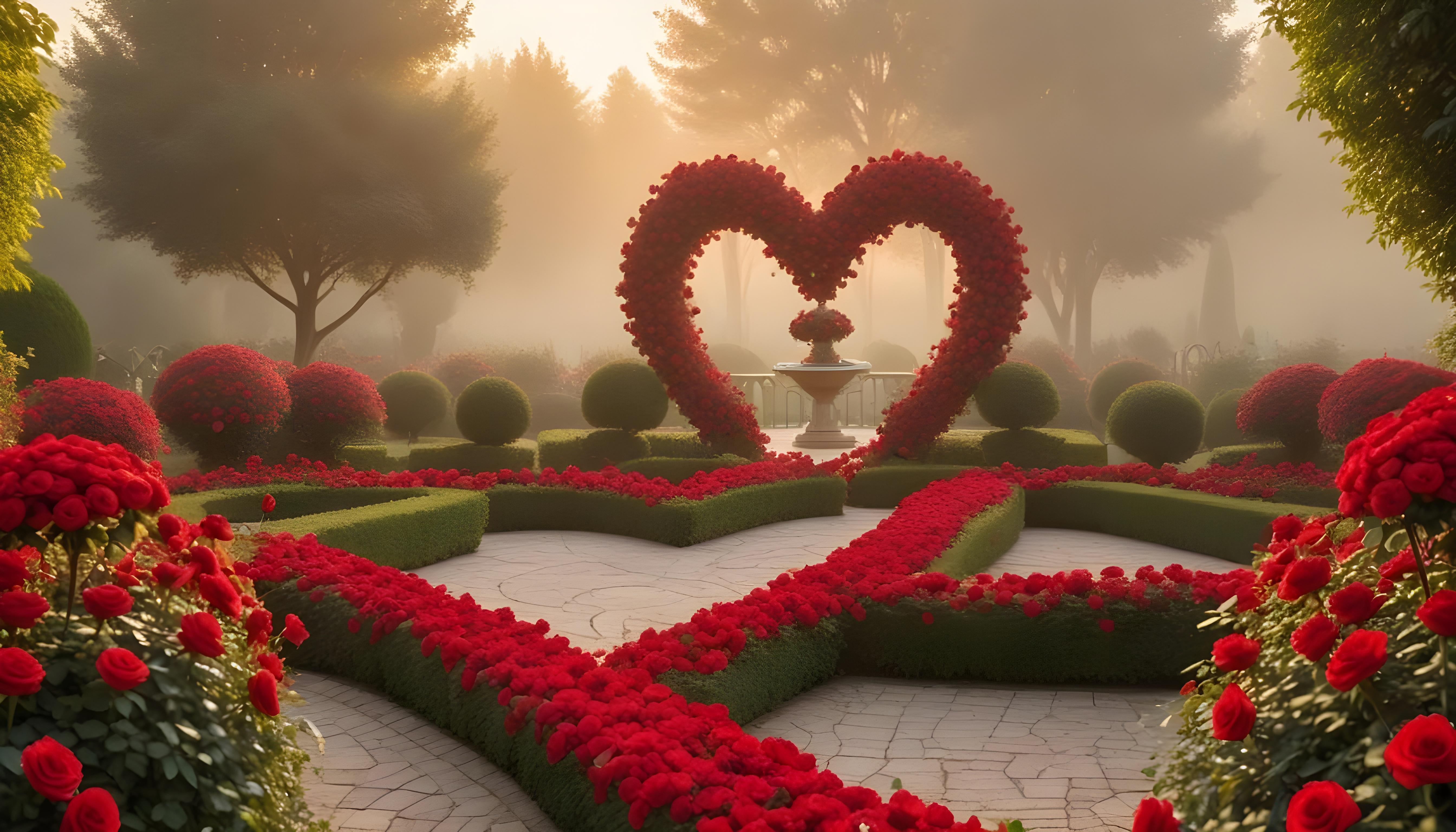 Enchanting Rose Garden Landscape with Blooming Flowers and Magical Moonlit Atmosphere