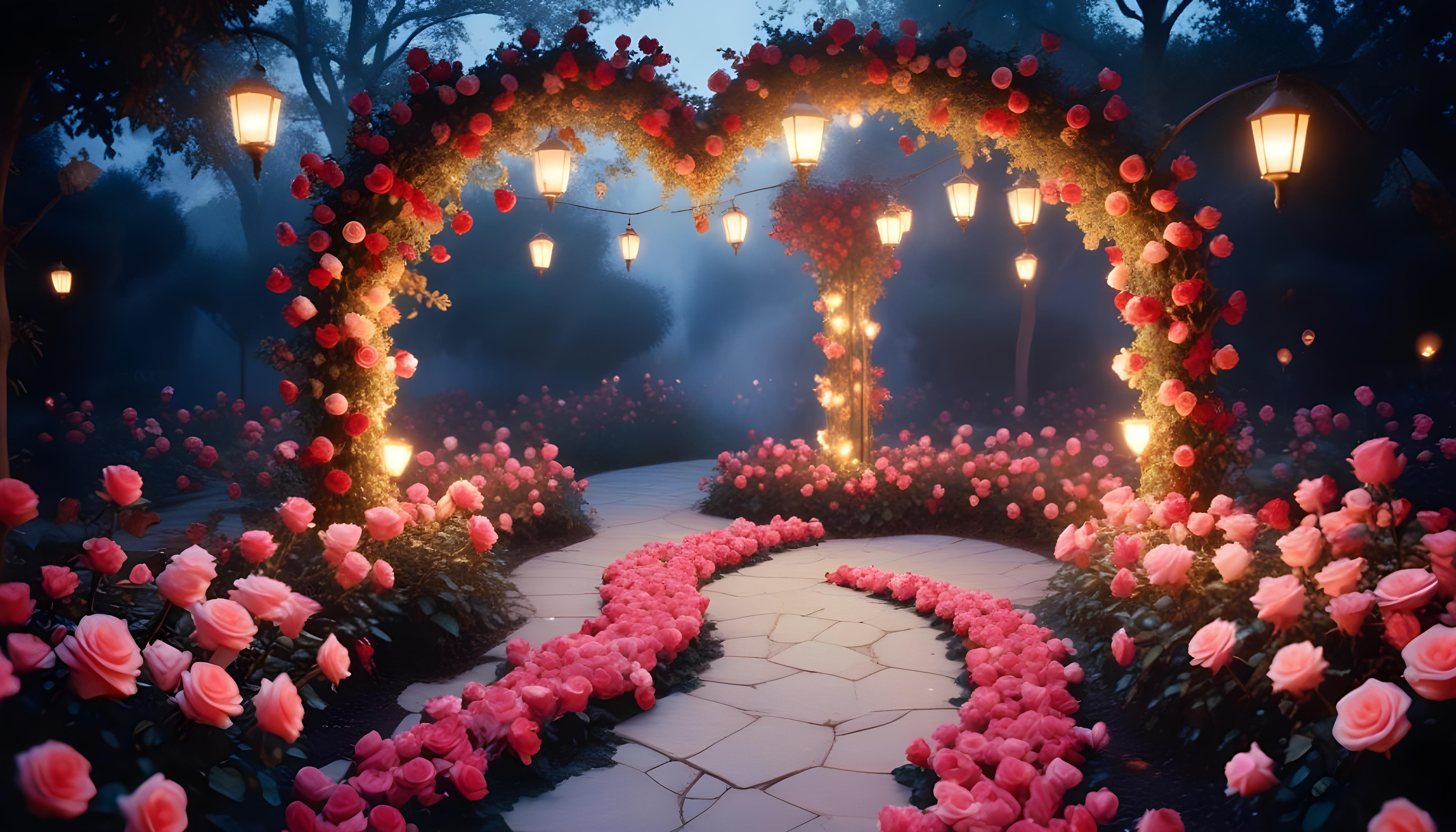 Enchanting Rose Garden Landscape with Blooming Flowers and Magical Moonlit Atmosphere