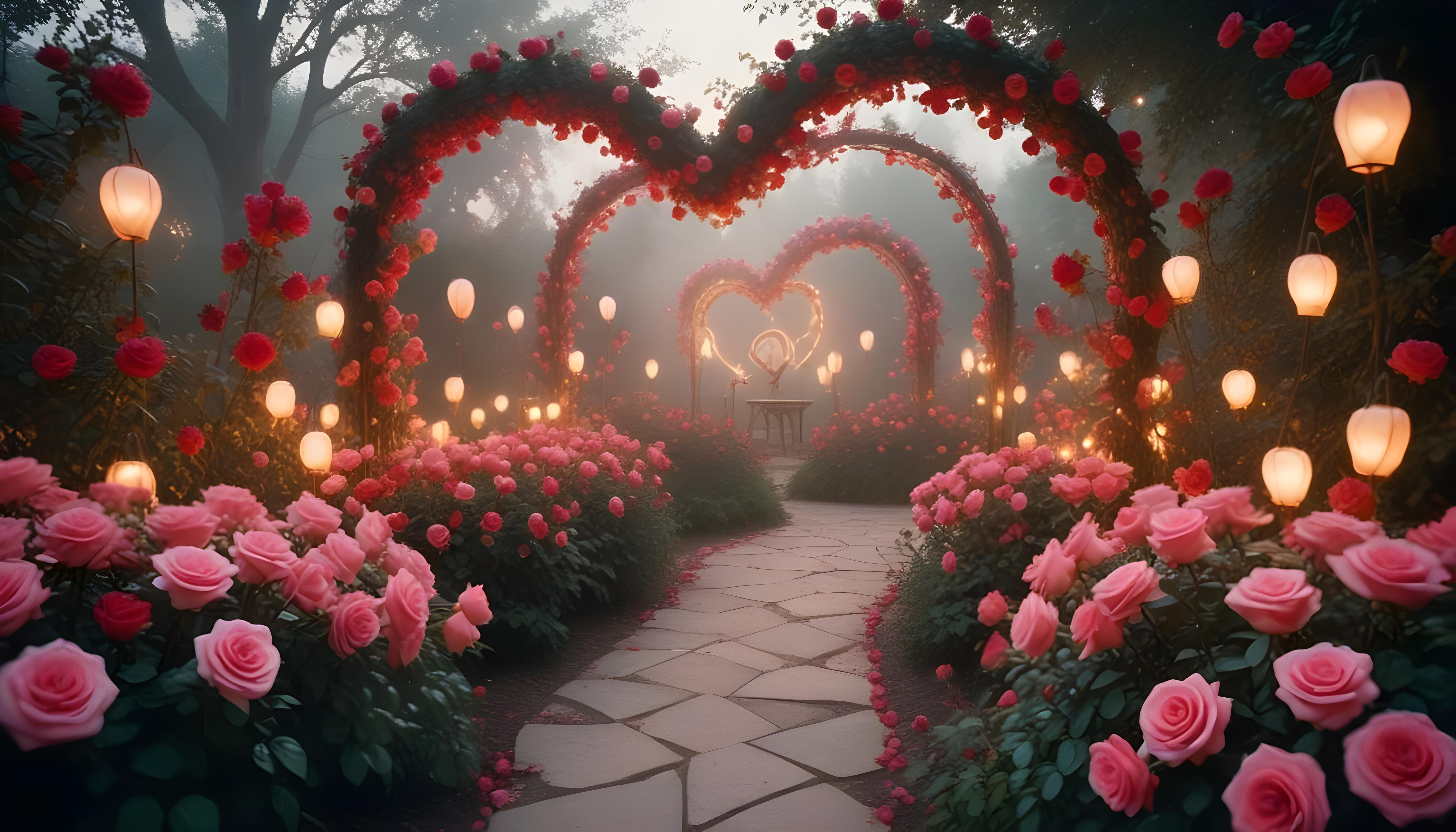 Enchanting Rose Garden Landscape with Blooming Flowers and Magical Moonlit Atmosphere