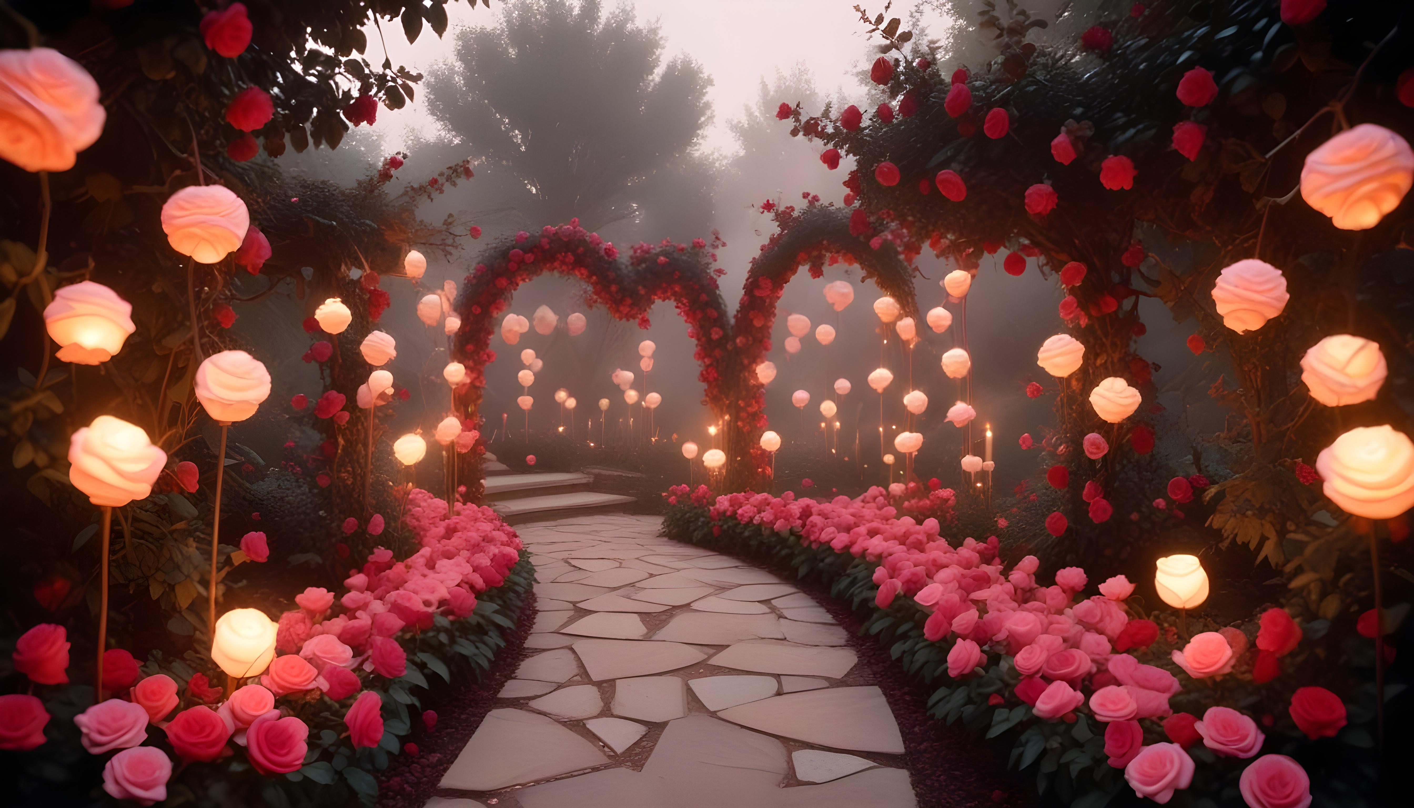 Enchanting Rose Garden Landscape with Blooming Flowers and Magical Moonlit Atmosphere