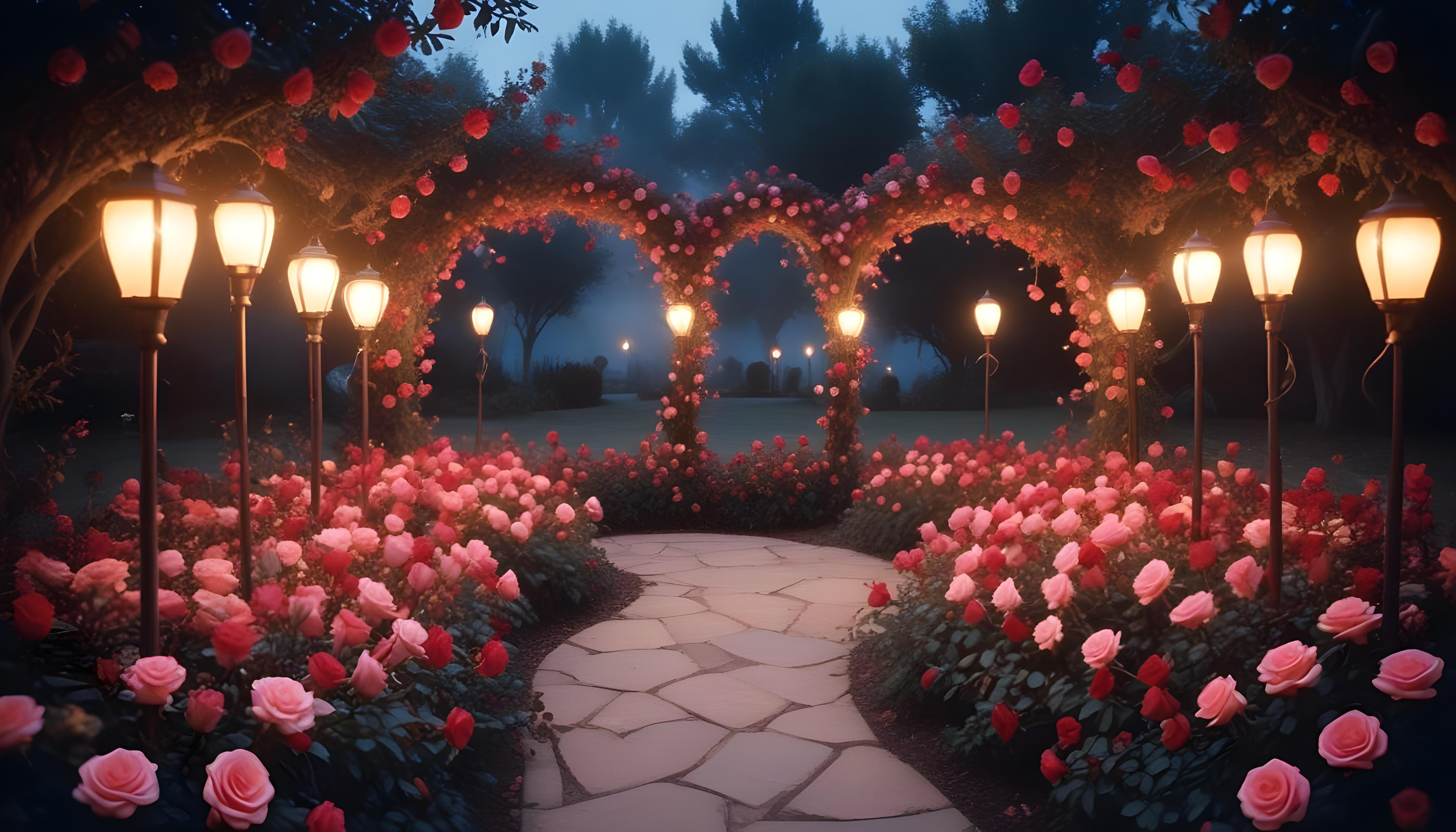 Enchanting Rose Garden Landscape with Blooming Flowers and Magical Moonlit Atmosphere