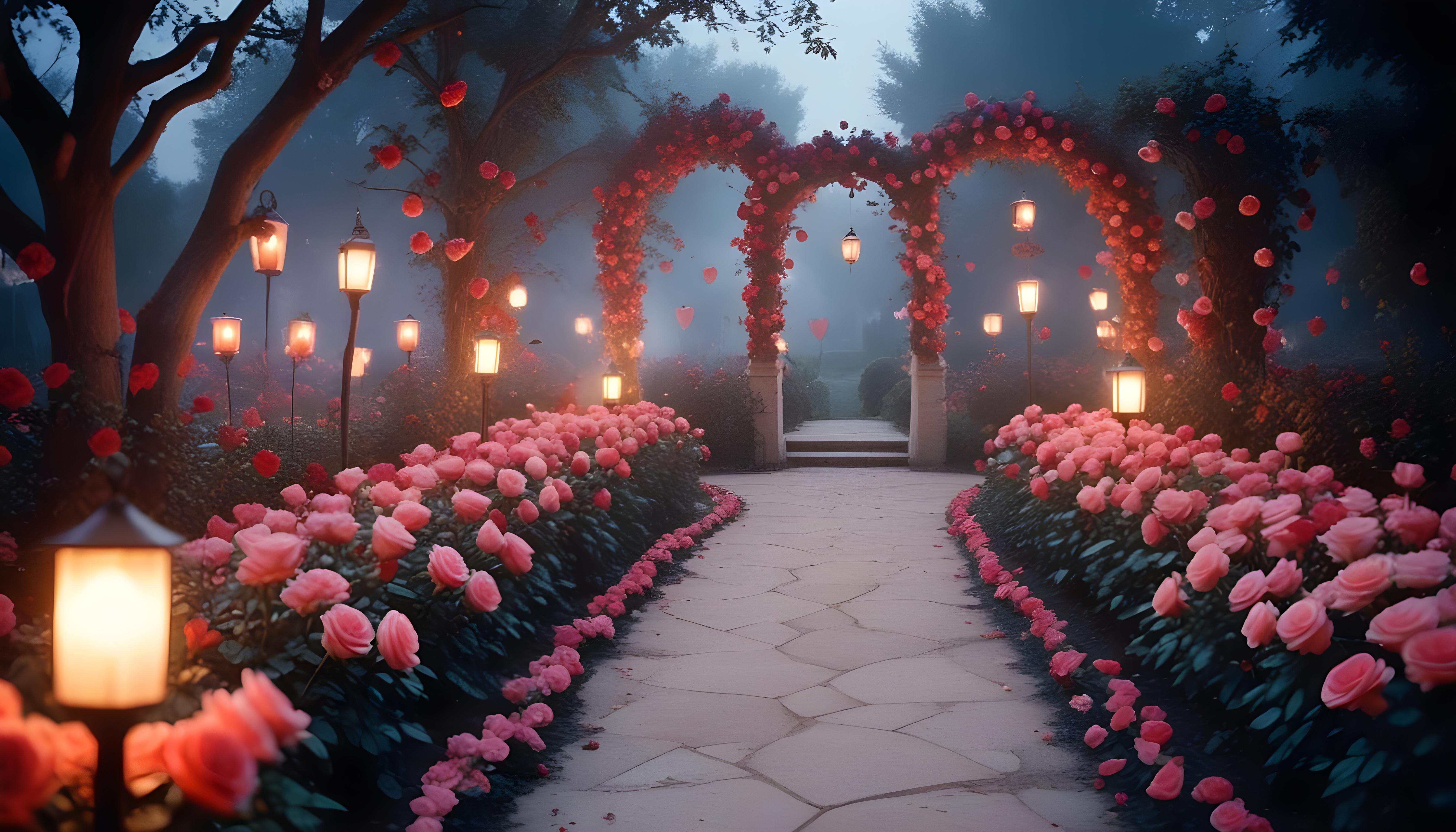 Enchanting Rose Garden Landscape with Blooming Flowers and Magical Moonlit Atmosphere
