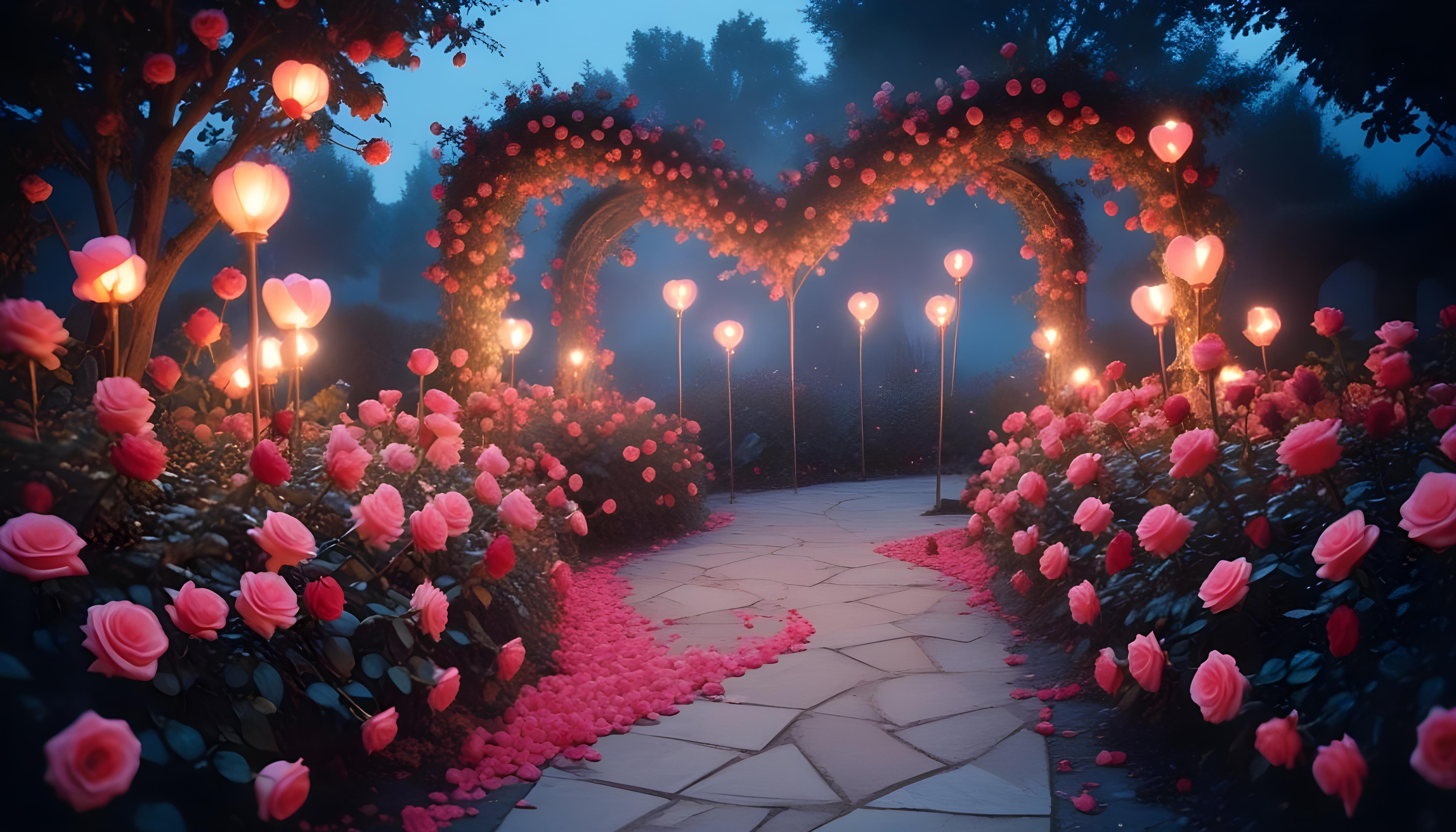 Enchanting Rose Garden Landscape with Blooming Flowers and Magical Moonlit Atmosphere