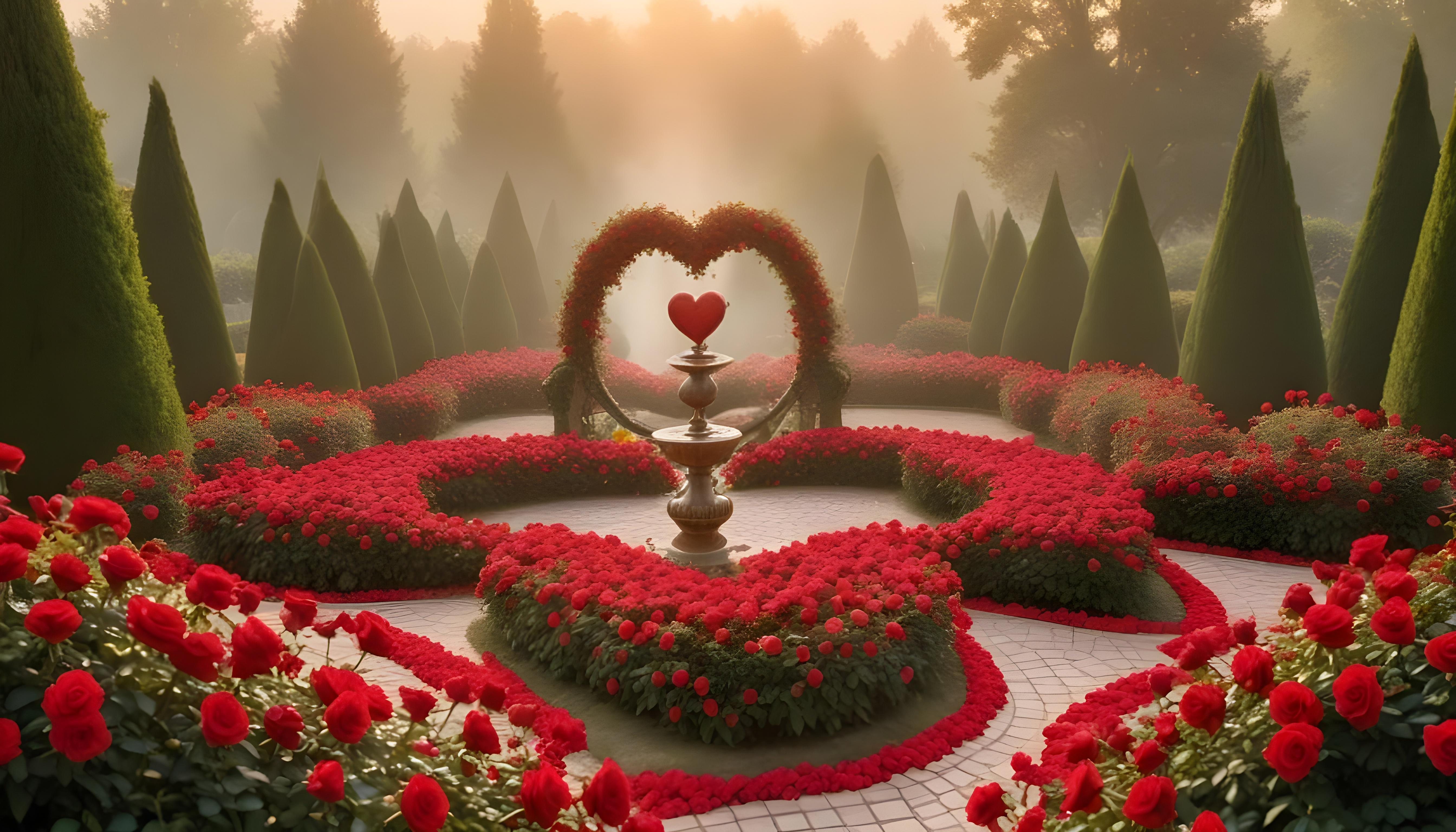 Enchanting Rose Garden Landscape with Blooming Flowers and Magical Moonlit Atmosphere
