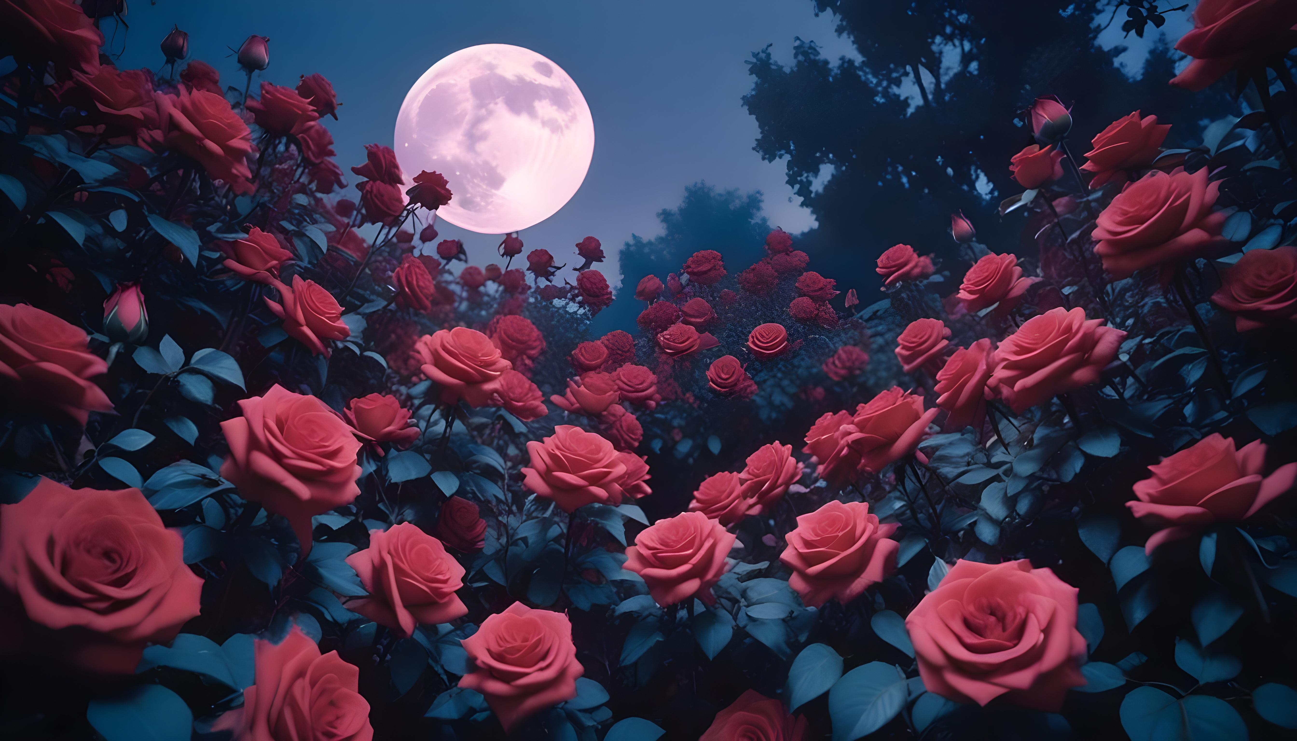 Enchanting Rose Garden Landscape with Blooming Flowers and Magical Moonlit Atmosphere
