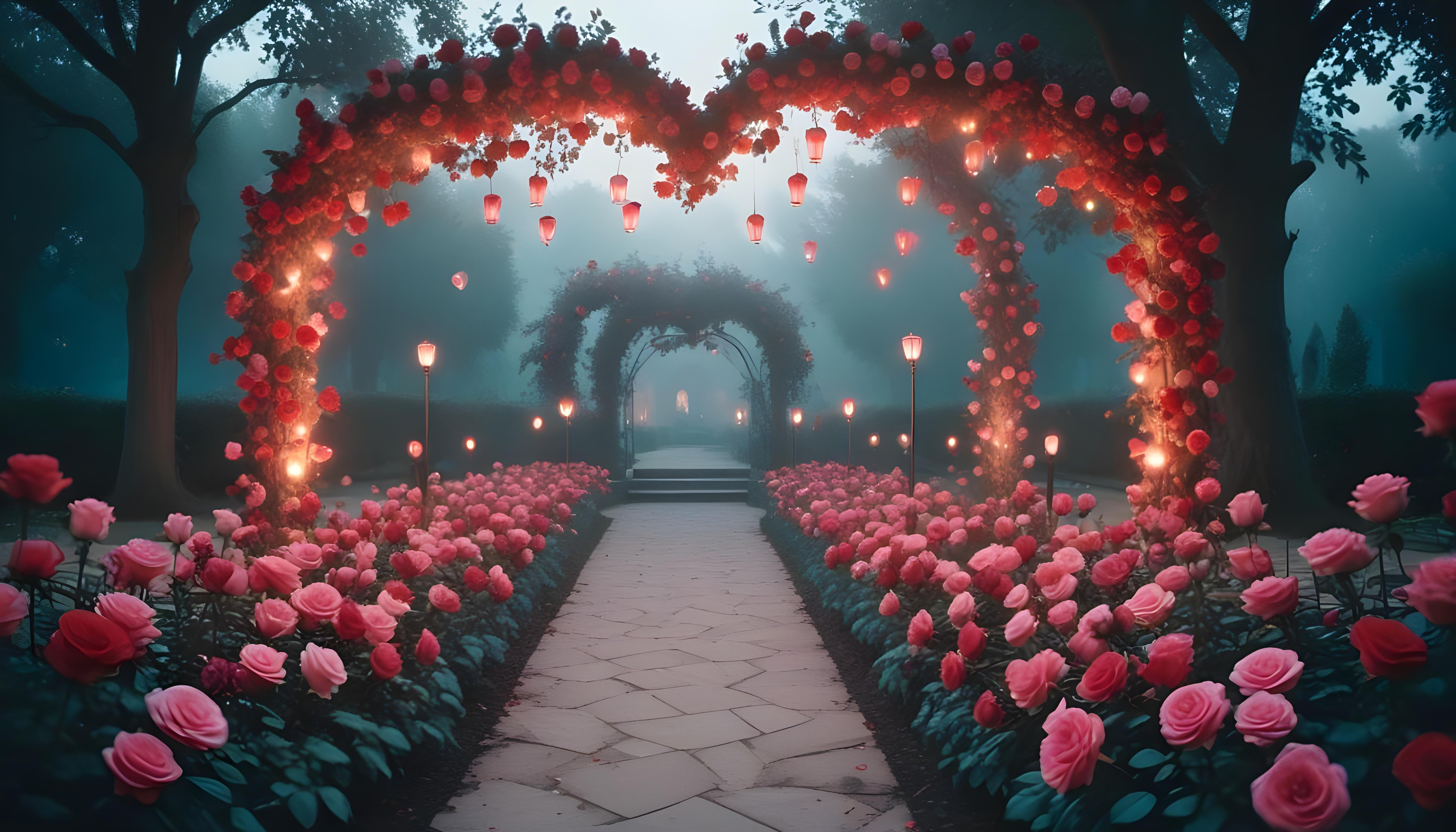 Enchanting Rose Garden Landscape with Blooming Flowers and Magical Moonlit Atmosphere