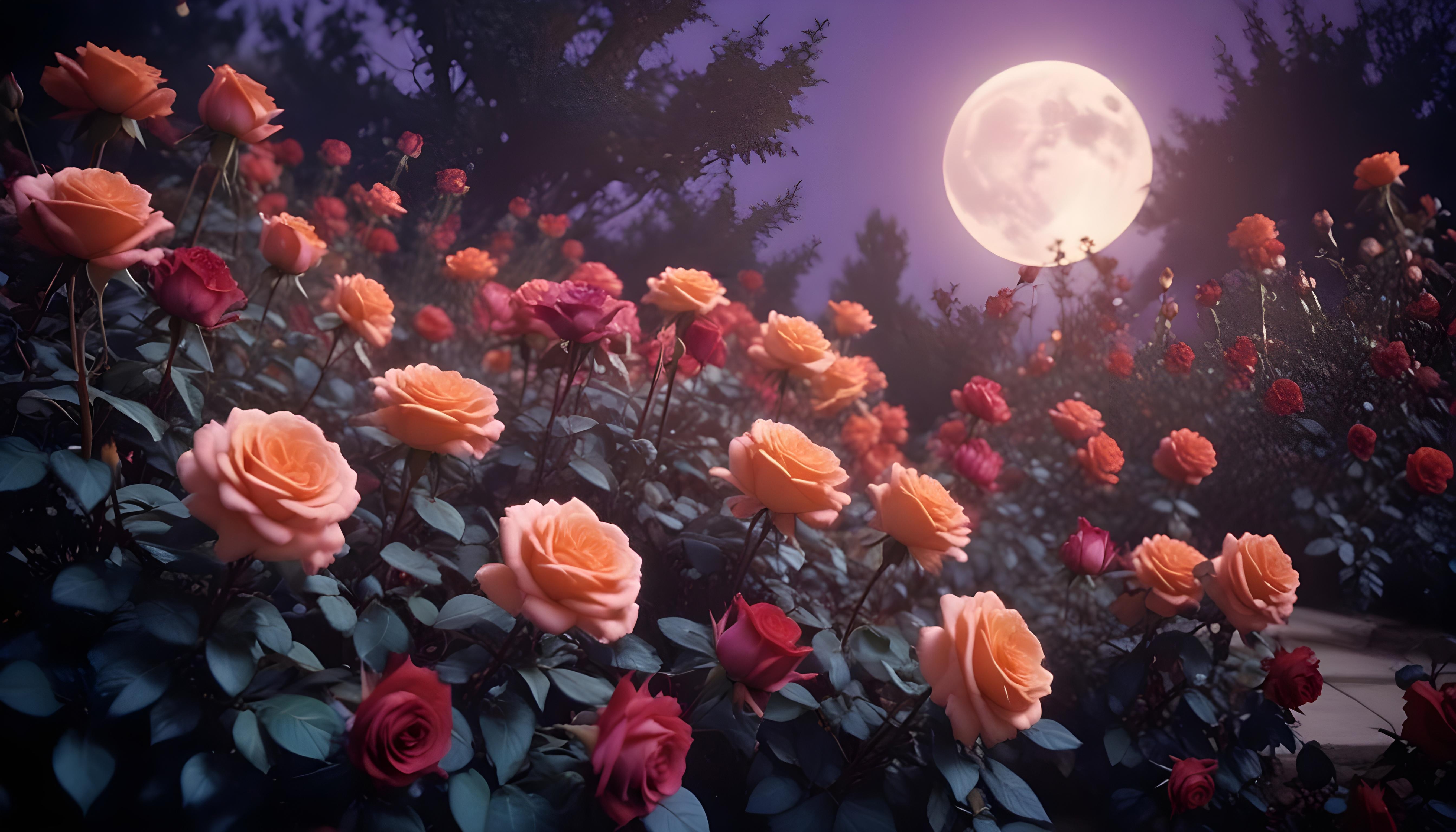Enchanting Rose Garden Landscape with Blooming Flowers and Magical Moonlit Atmosphere