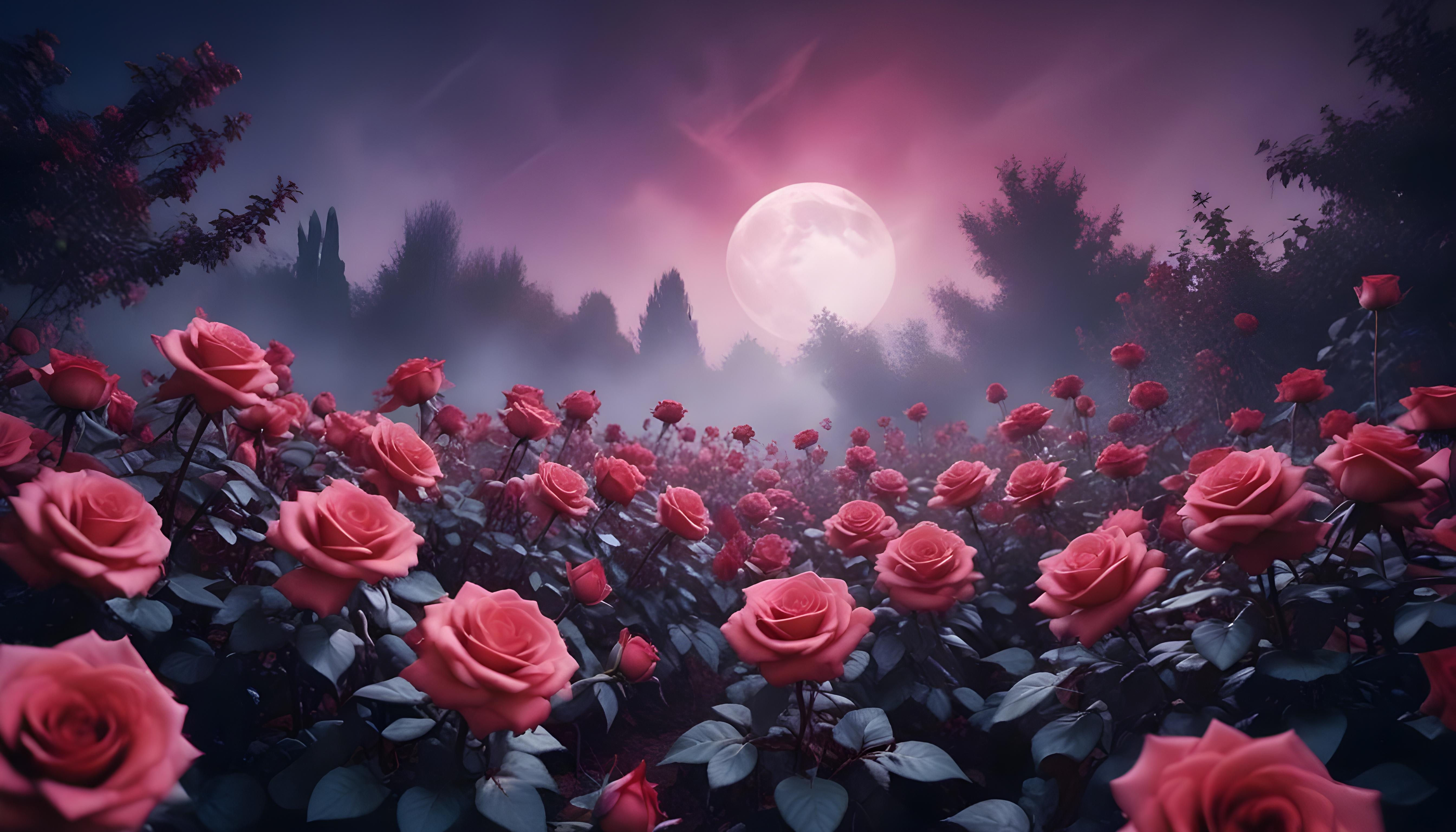 Enchanting Rose Garden Landscape with Blooming Flowers and Magical Moonlit Atmosphere