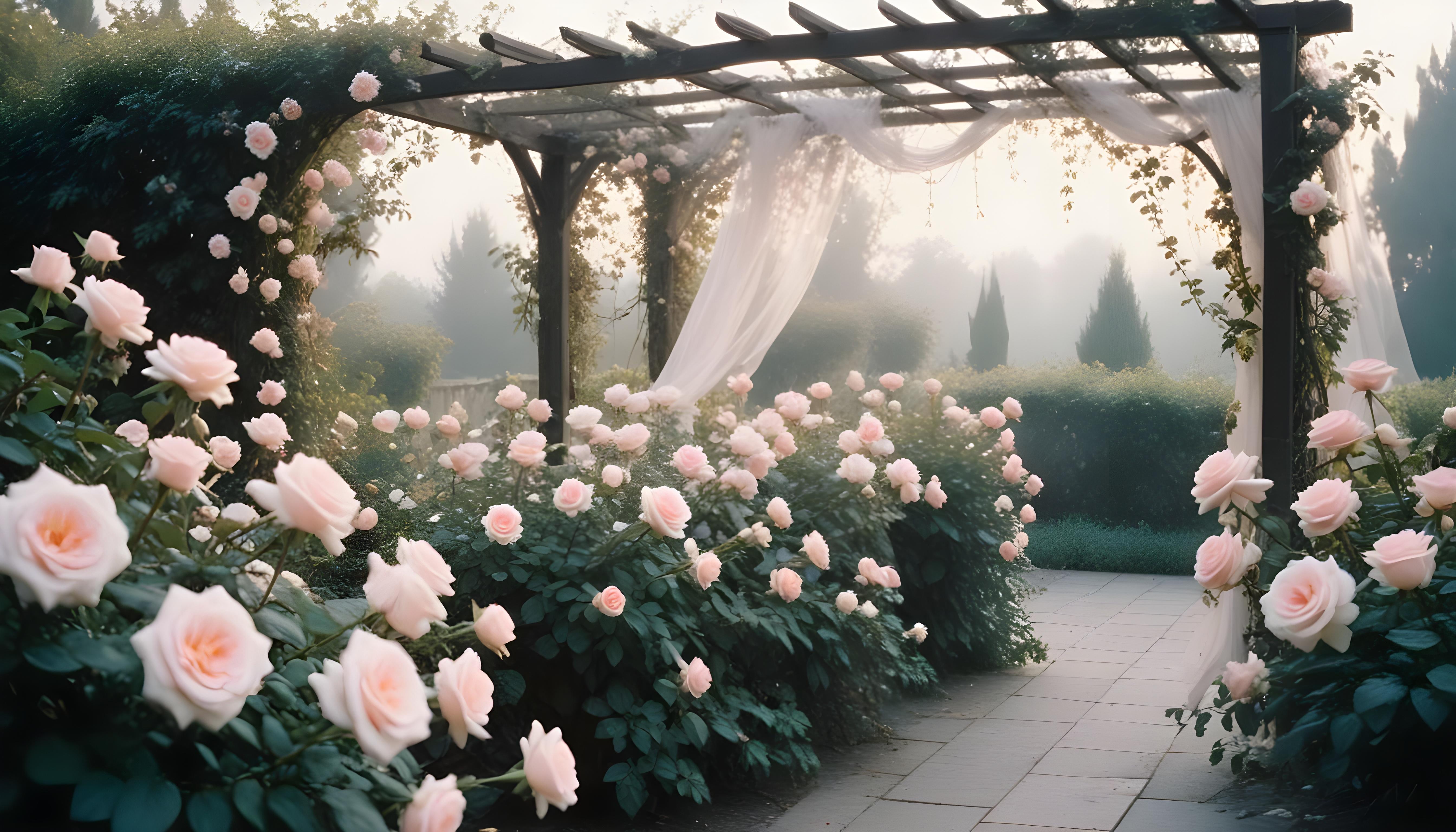 Enchanting Rose Garden Landscape with Blooming Flowers and Magical Moonlit Atmosphere