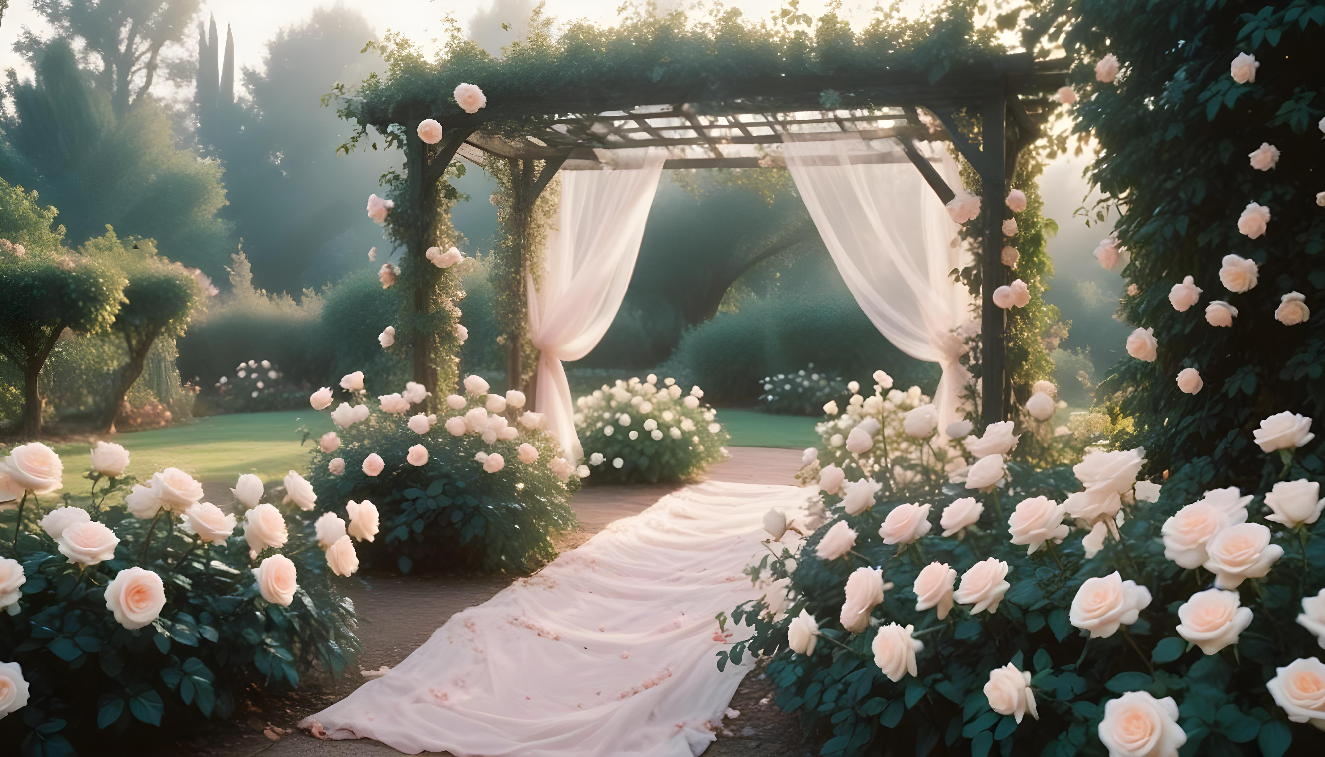 Enchanting Rose Garden Landscape with Blooming Flowers and Magical Moonlit Atmosphere