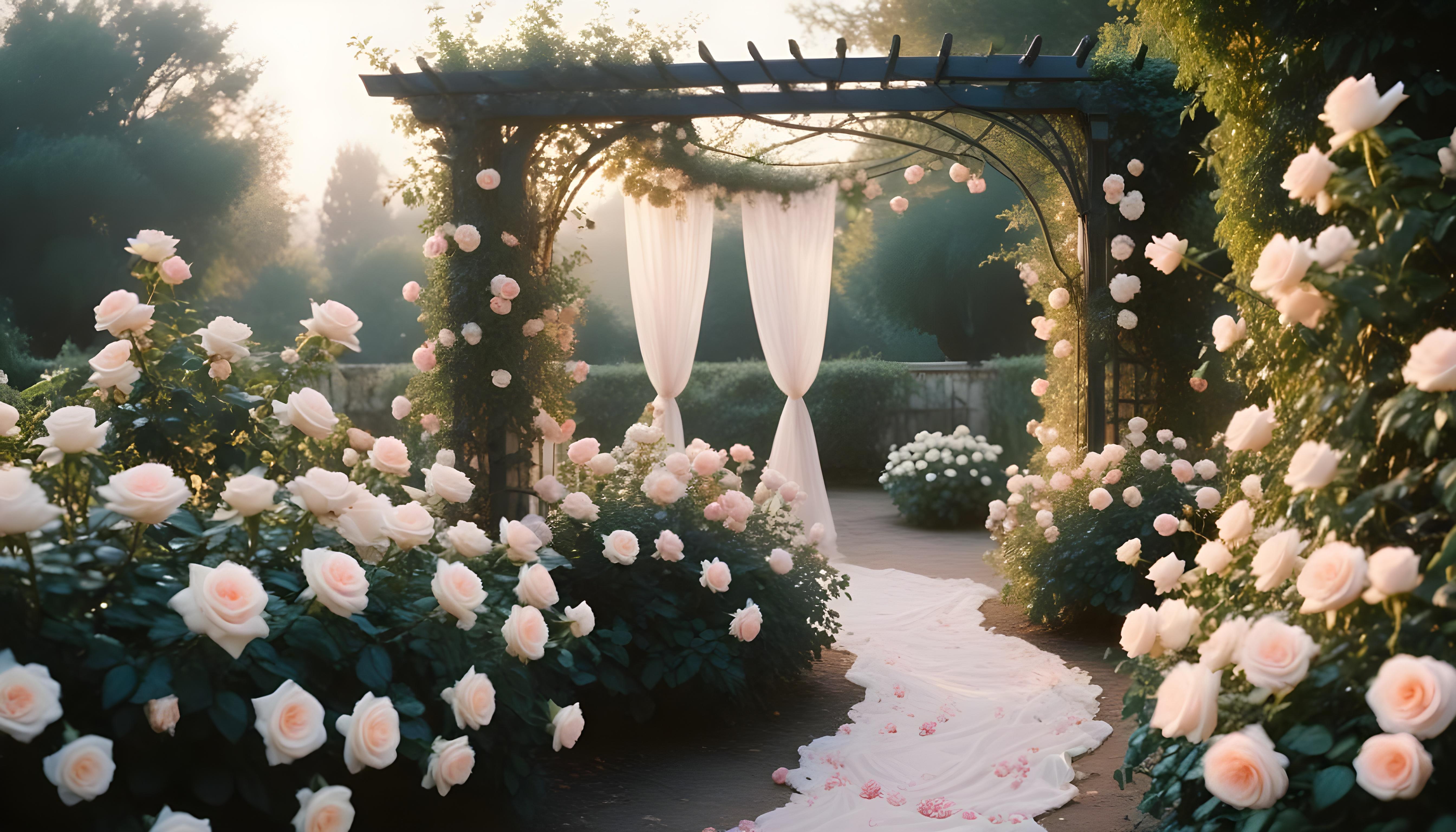 Enchanting Rose Garden Landscape with Blooming Flowers and Magical Moonlit Atmosphere