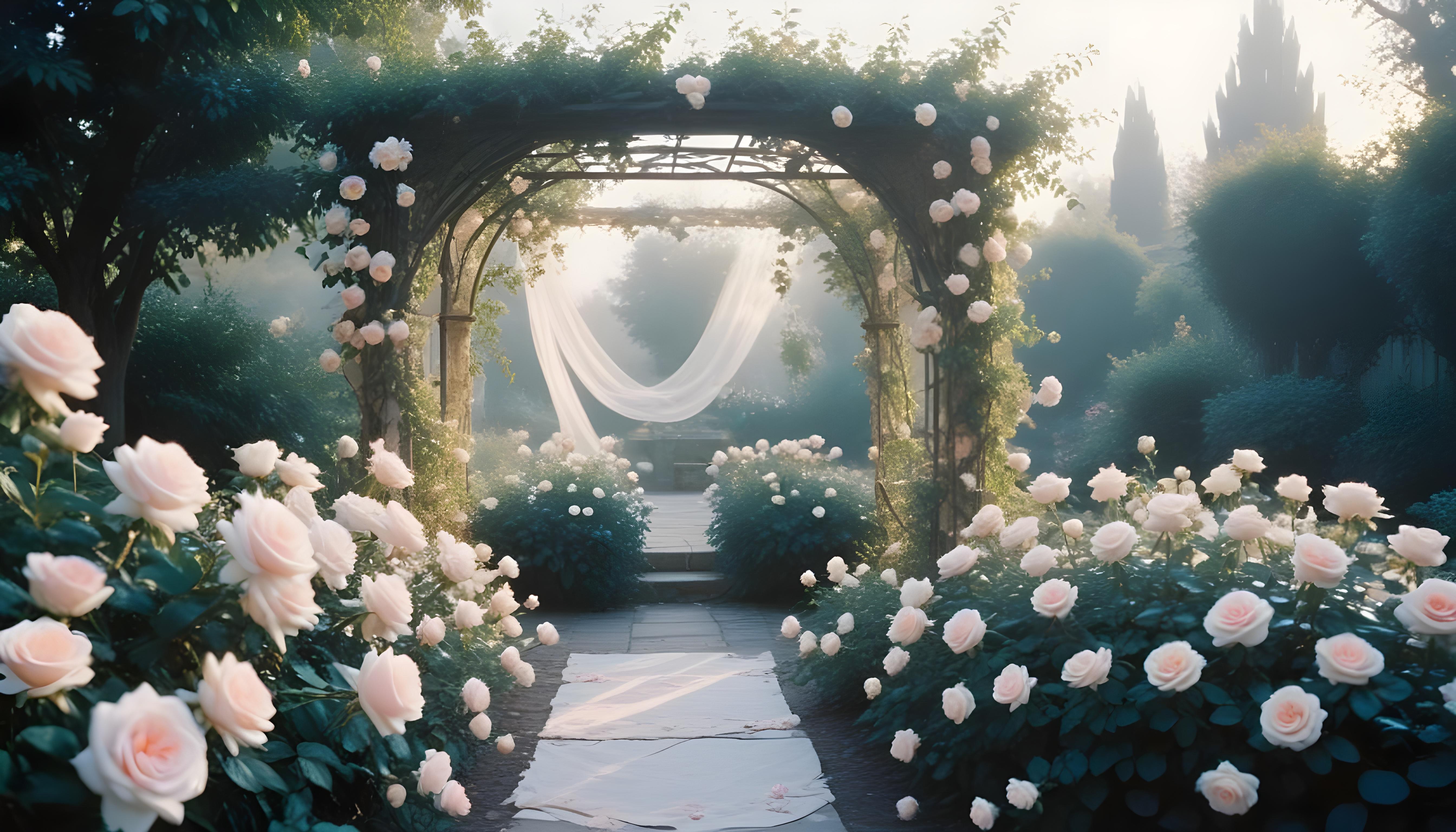 Enchanting Rose Garden Landscape with Blooming Flowers and Magical Moonlit Atmosphere