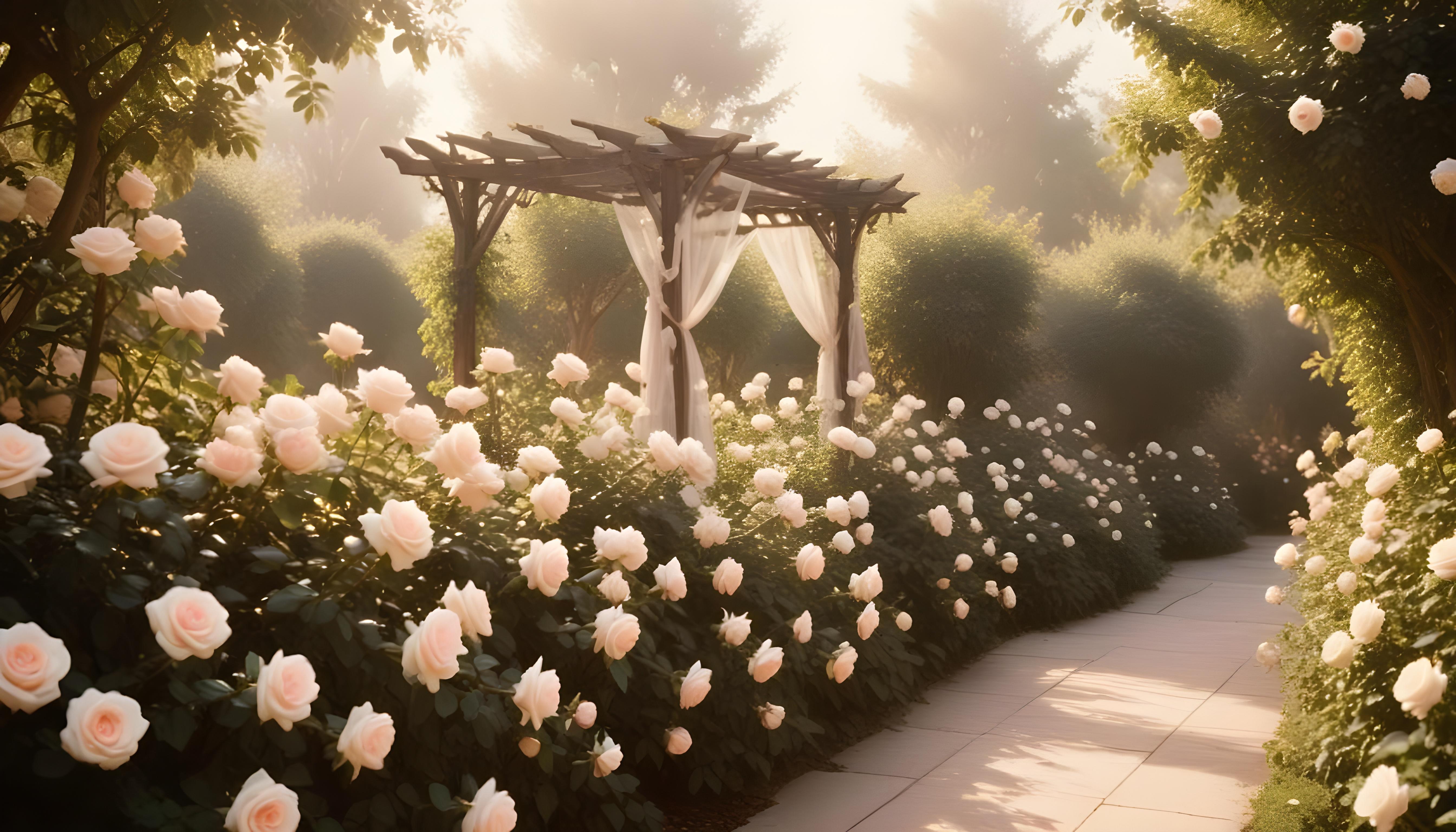 Enchanting Rose Garden Landscape with Blooming Flowers and Magical Moonlit Atmosphere