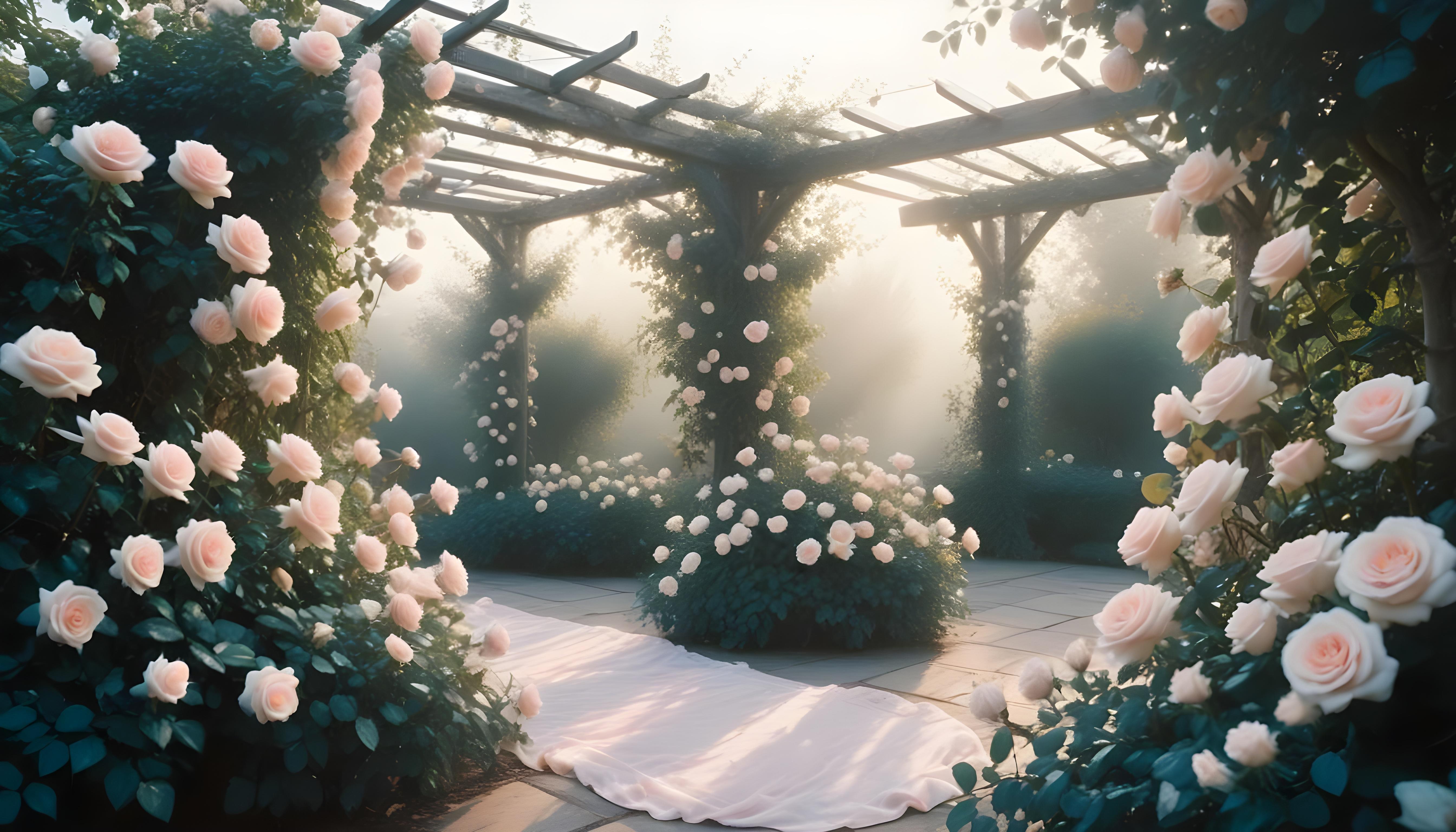 Enchanting Rose Garden Landscape with Blooming Flowers and Magical Moonlit Atmosphere