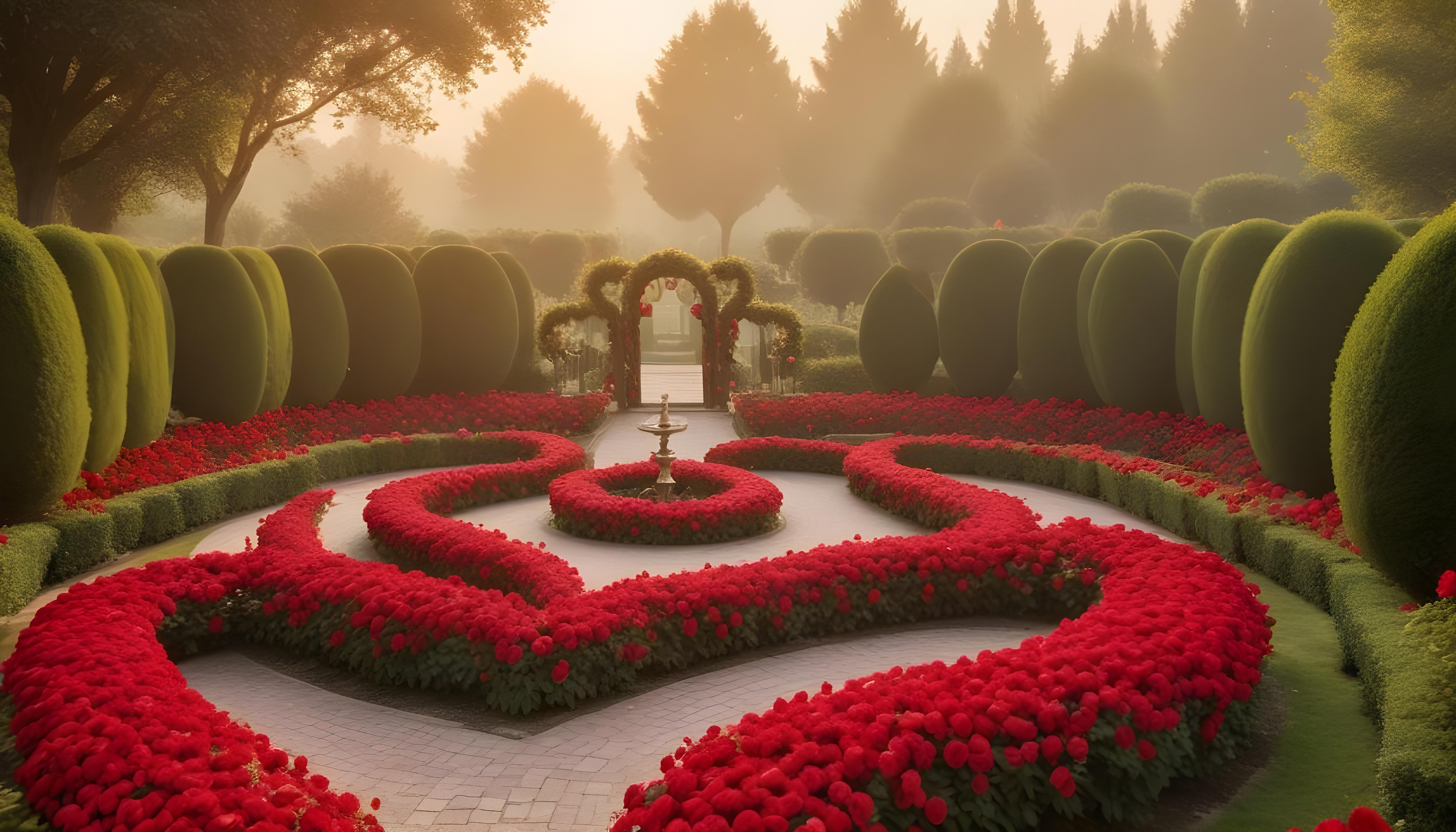 Enchanting Rose Garden Landscape with Blooming Flowers and Magical Moonlit Atmosphere
