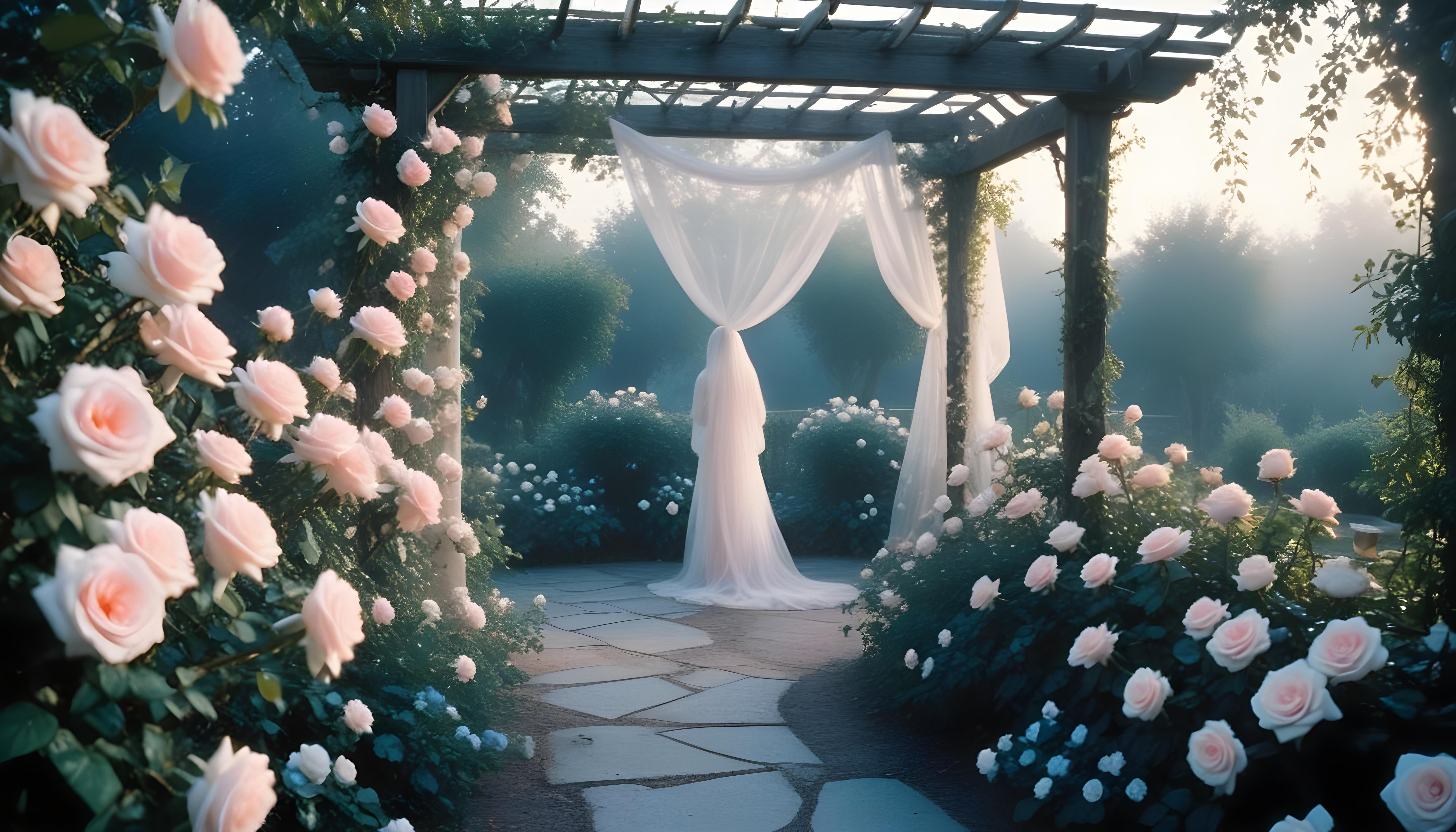 Enchanting Rose Garden Landscape with Blooming Flowers and Magical Moonlit Atmosphere