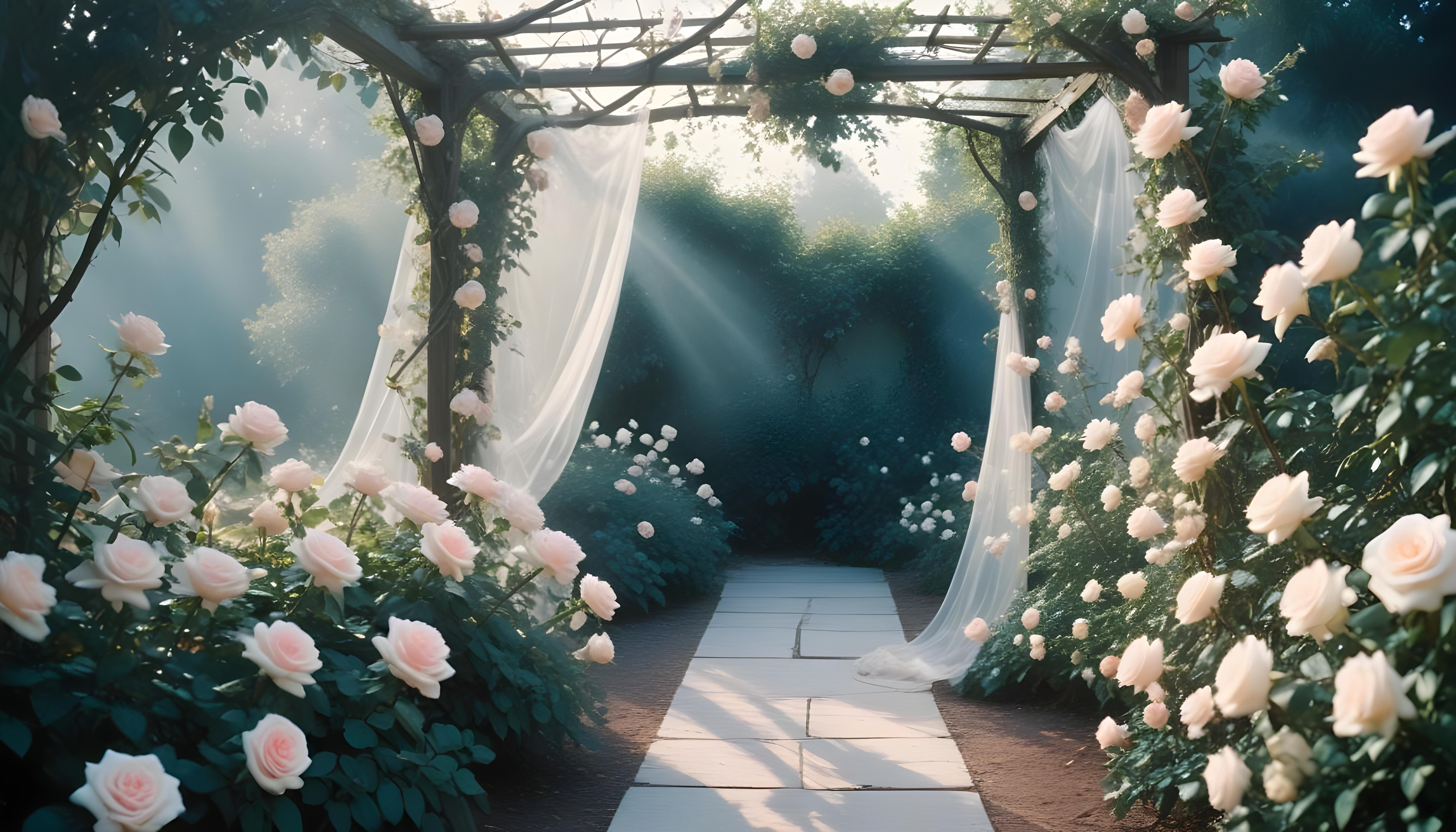 Enchanting Rose Garden Landscape with Blooming Flowers and Magical Moonlit Atmosphere
