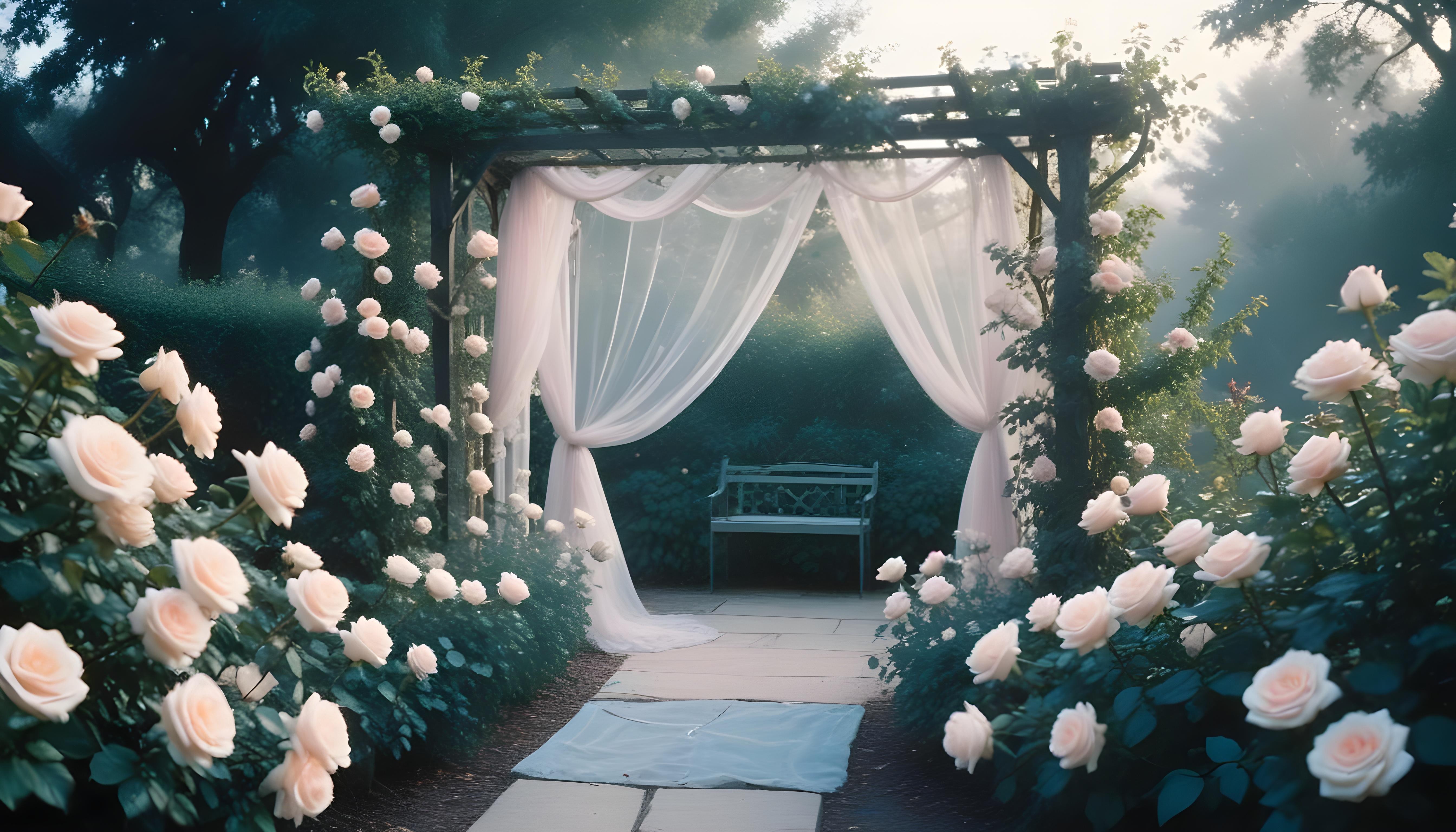 Enchanting Rose Garden Landscape with Blooming Flowers and Magical Moonlit Atmosphere